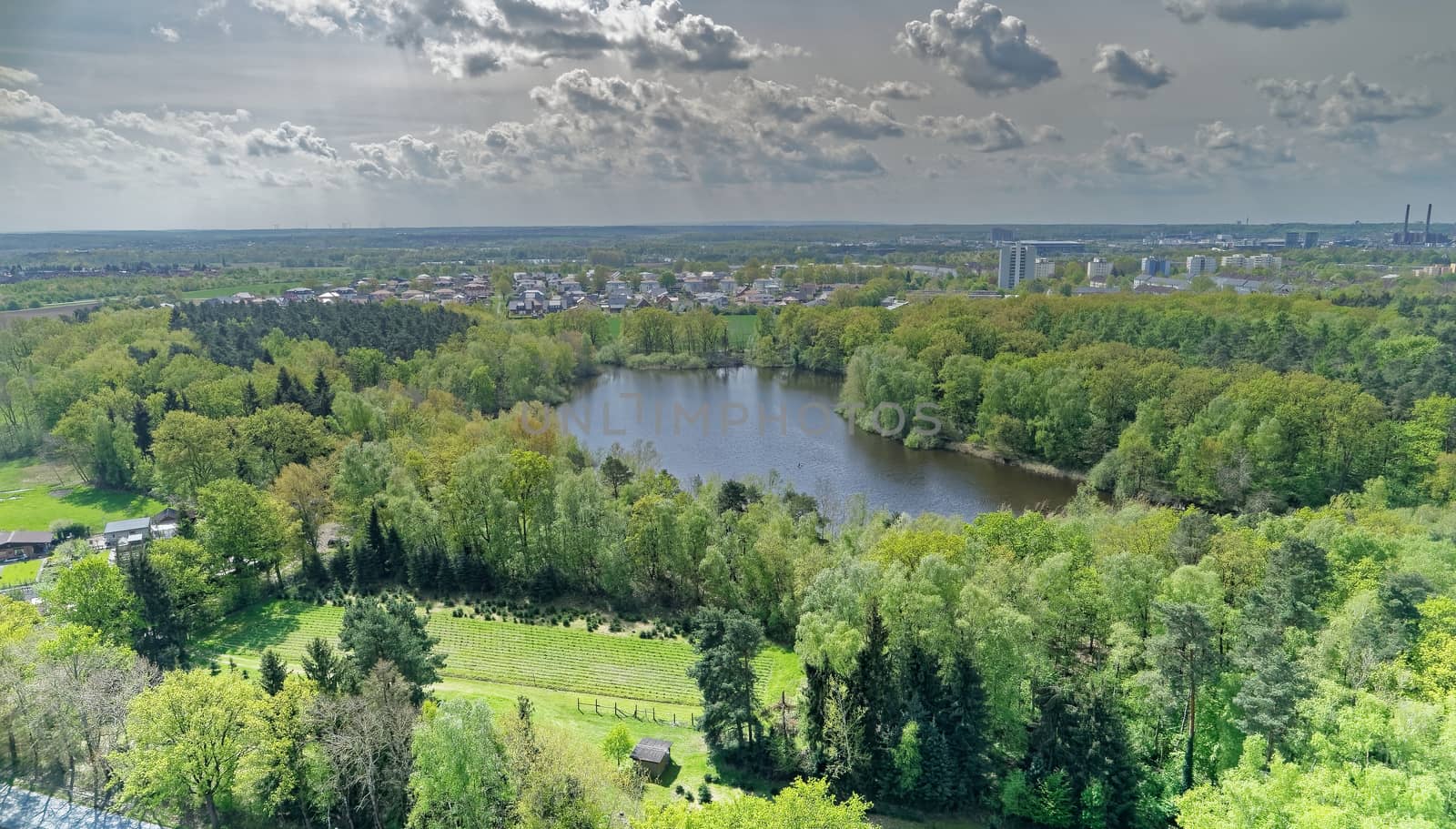 Aerial view of a small lake in the middle of the forest behind the industrial facilities of the city, drone shot