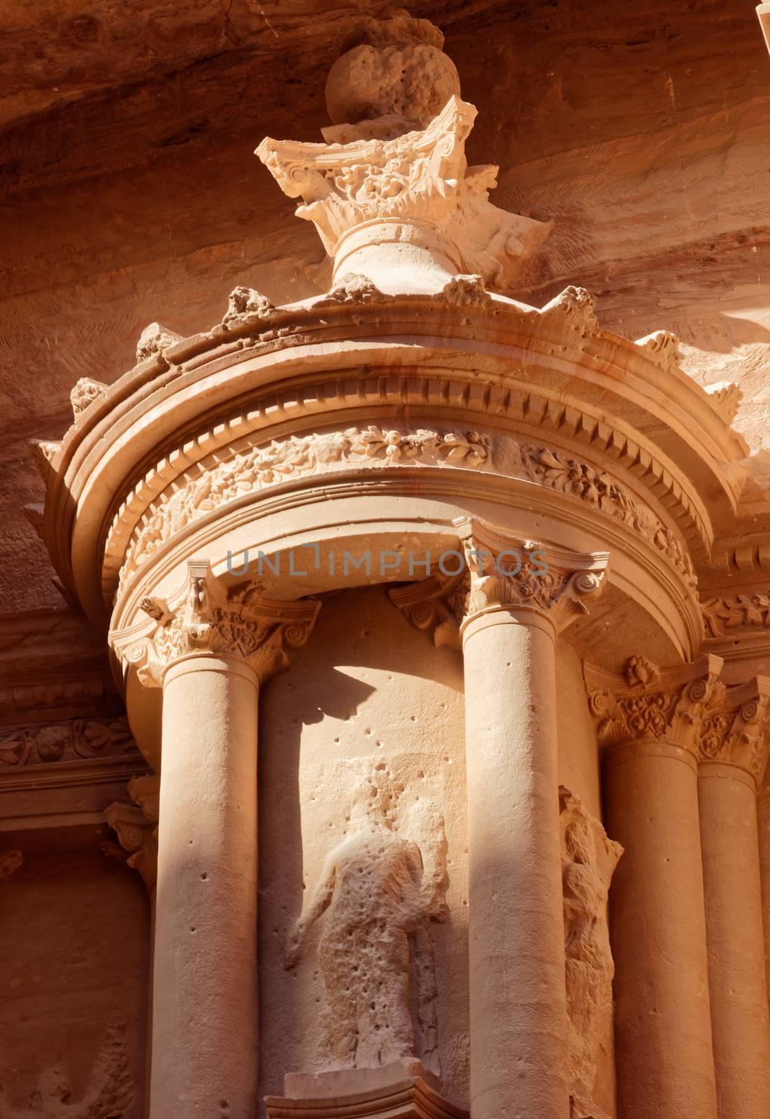 Detail of the upper part of the Al Khazne Treasury in Petra, Jordan