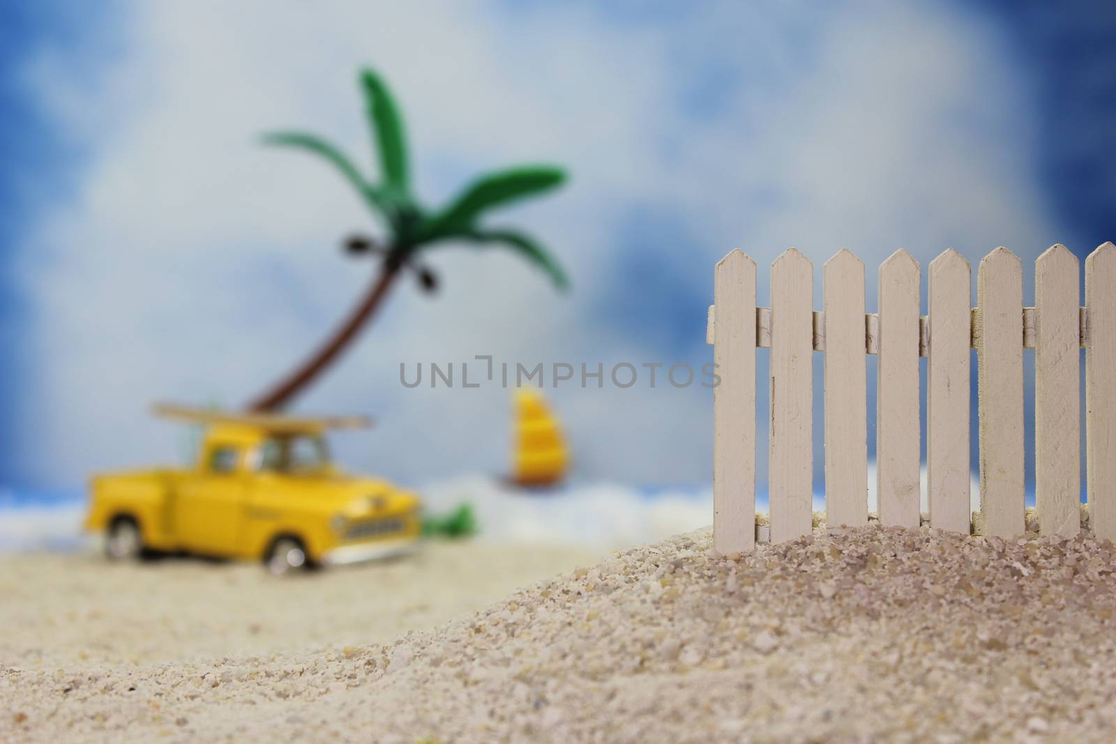 Fence on Tropical Beach With Vintage Hot Rod by Marti157900