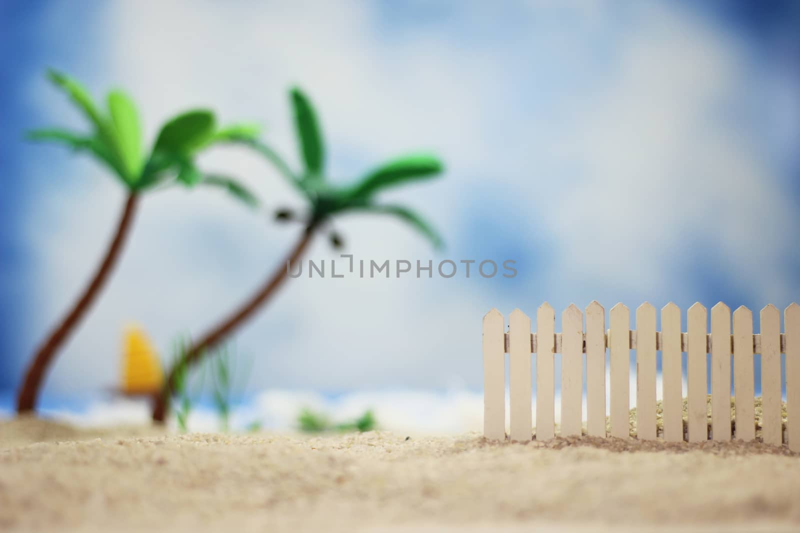 Picket Fence on Tropical Beach with Palm Trees
