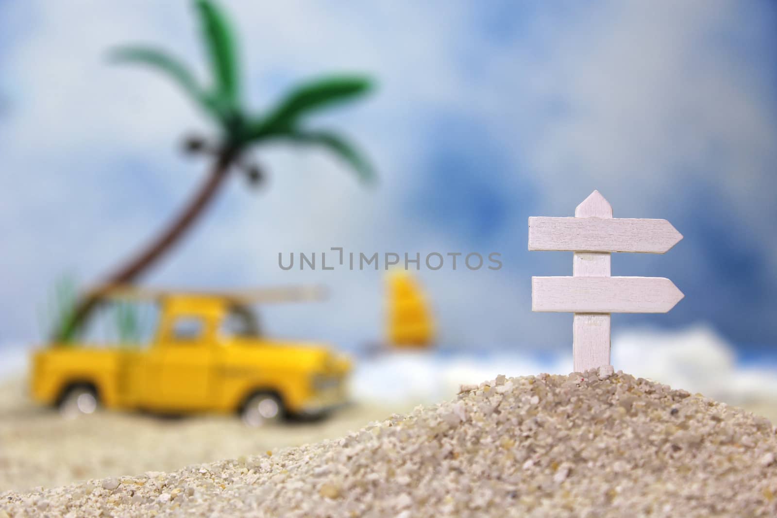Sign on Tropical Beach with vintage truck by Marti157900