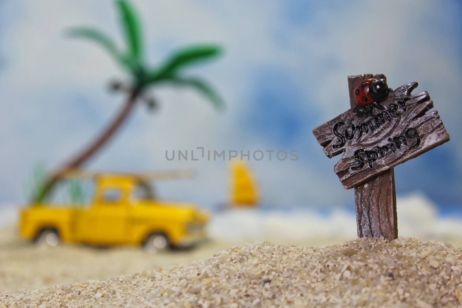 Sign on Tropical Beach With Vintage Hot Rod by Marti157900