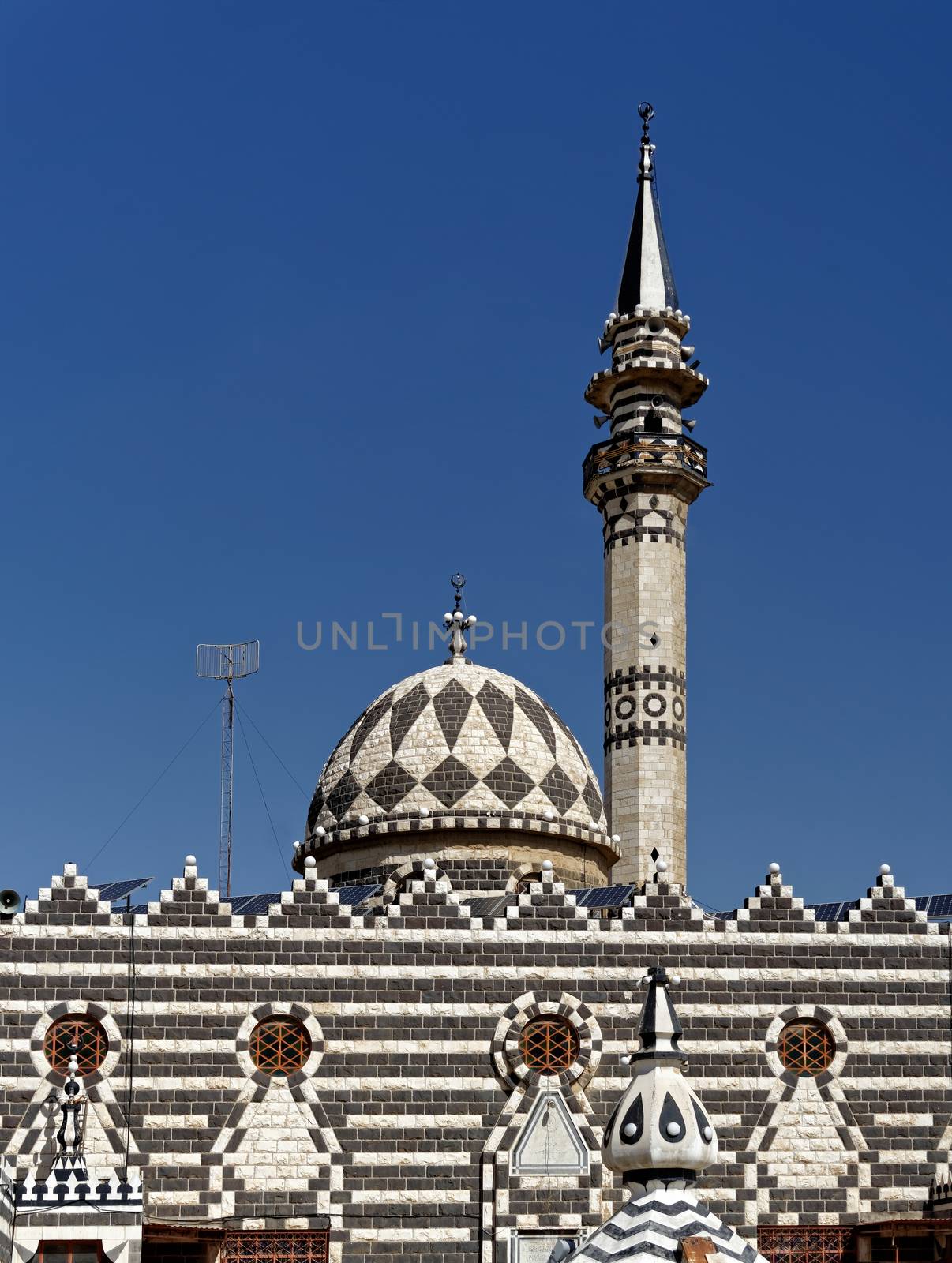 Detail of the black and white Abu Darwish Mosque in Amman, Jordan