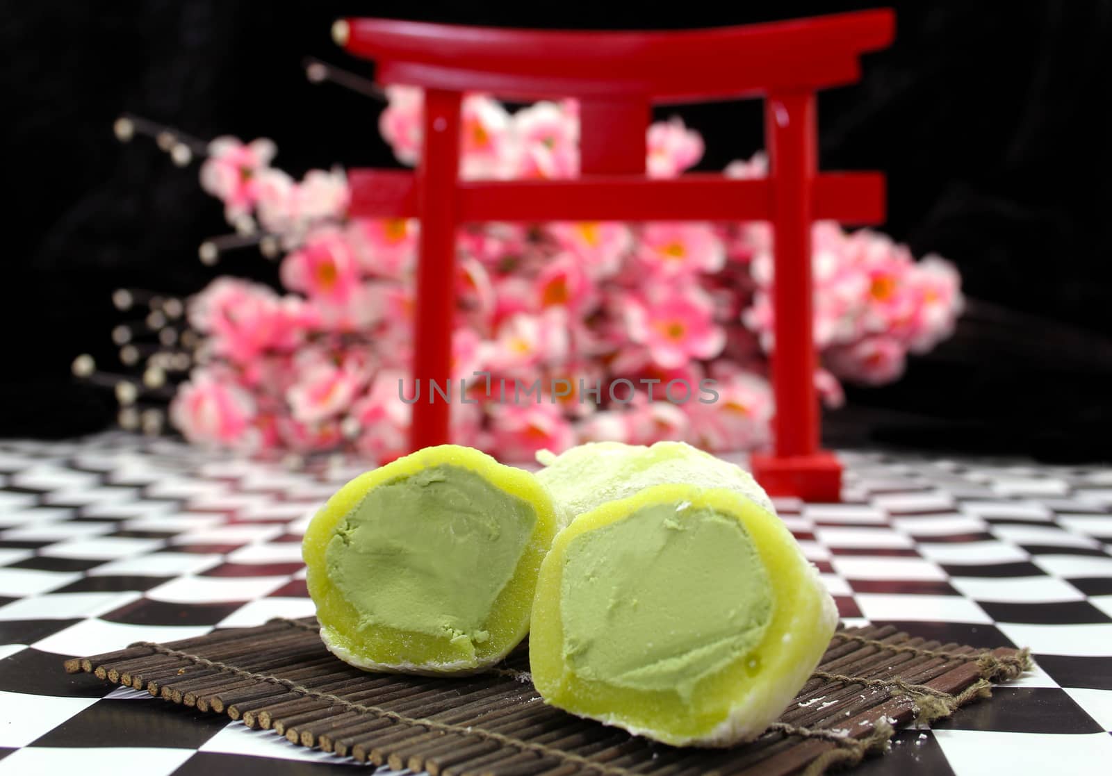 Green Tea Mochi Ice Cream With Japanese Decorations