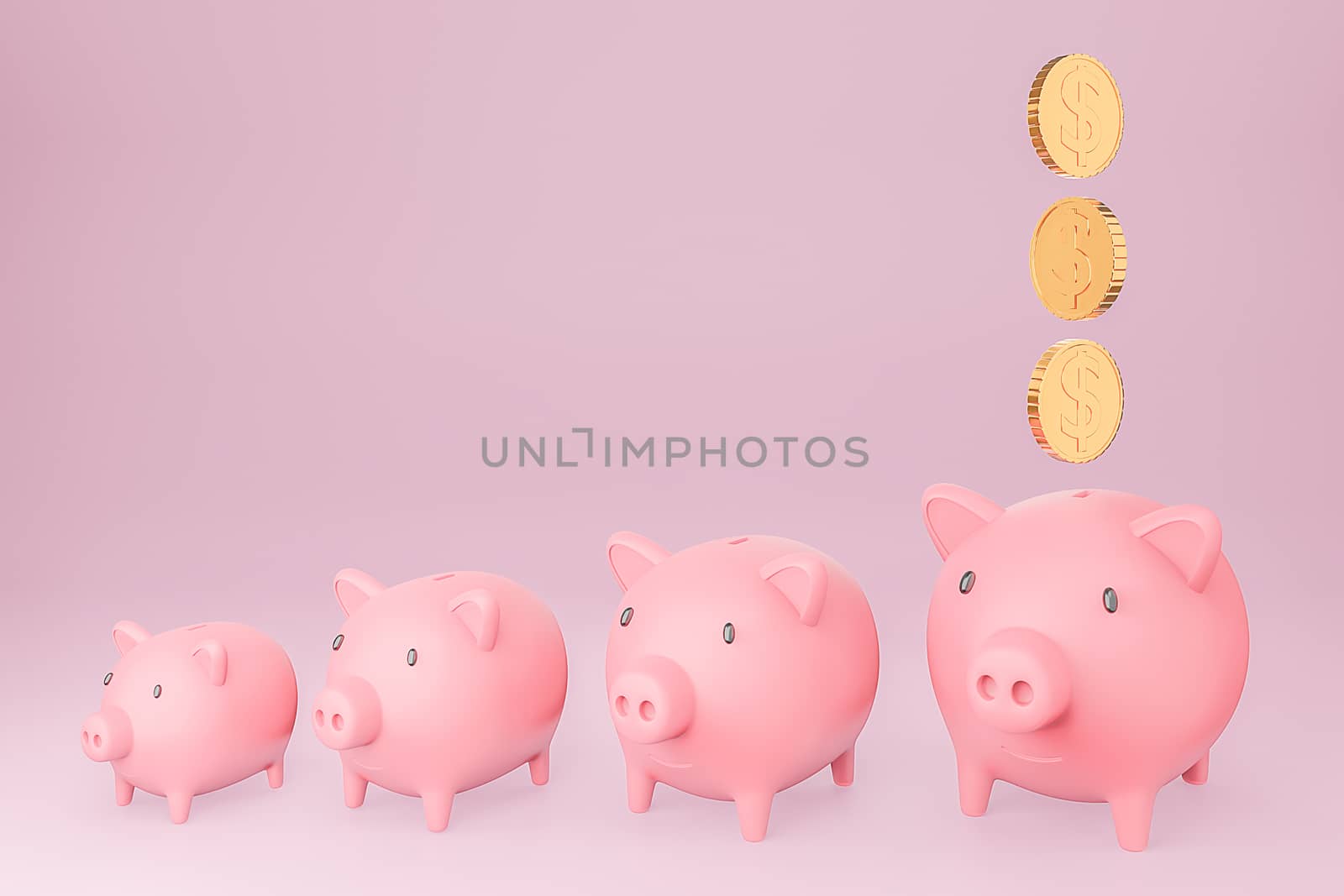 Pink piggy banks increasing in size and coins falling into largest one. Growing investment and saving concept.,3d model and illustration.