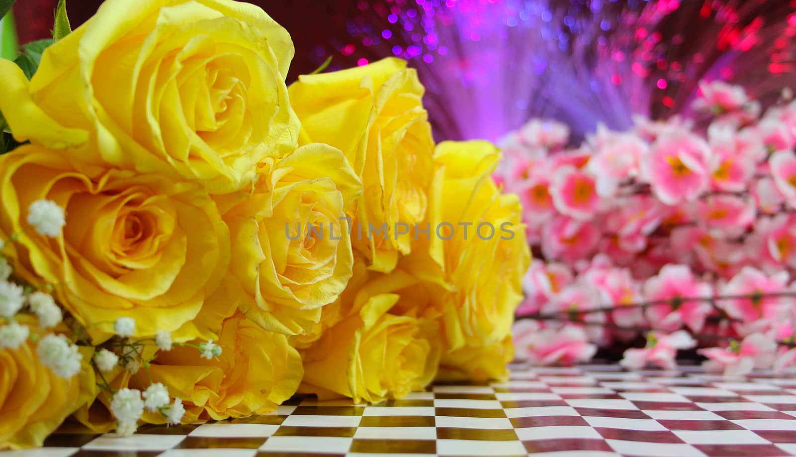 Yellow Roses With Pink flowers and lights in background