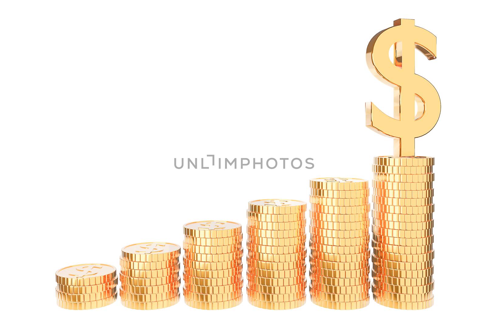Golden coin stack on white background., Money saving and investment concept and saving ideas and financial growth.3d model and illustration. by anotestocker