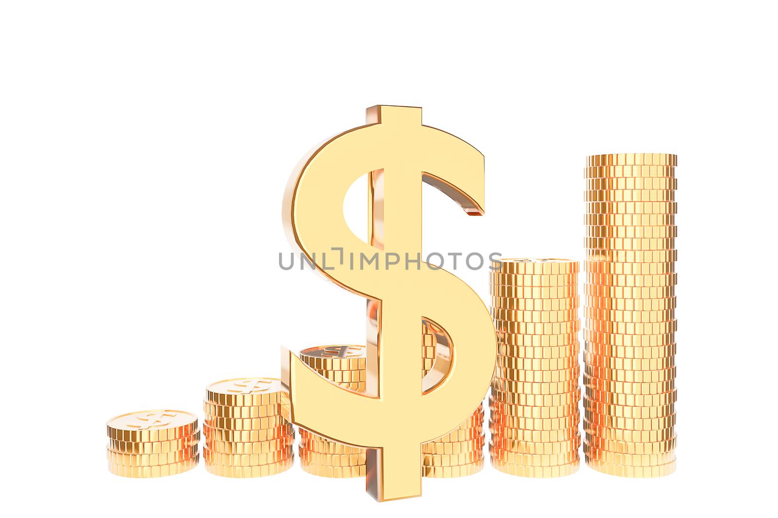 Golden coin stack on white background., Money saving and investment concept and saving ideas and financial growth.3d model and illustration.
