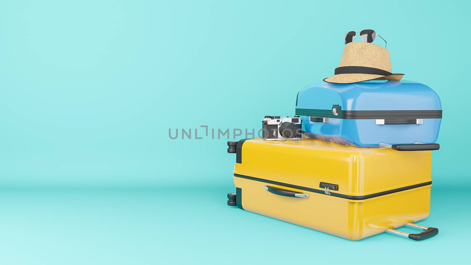 Yellow and blue suitcase with sun hat and glasses, camera on pastel background., travel concept.,3d illustration.