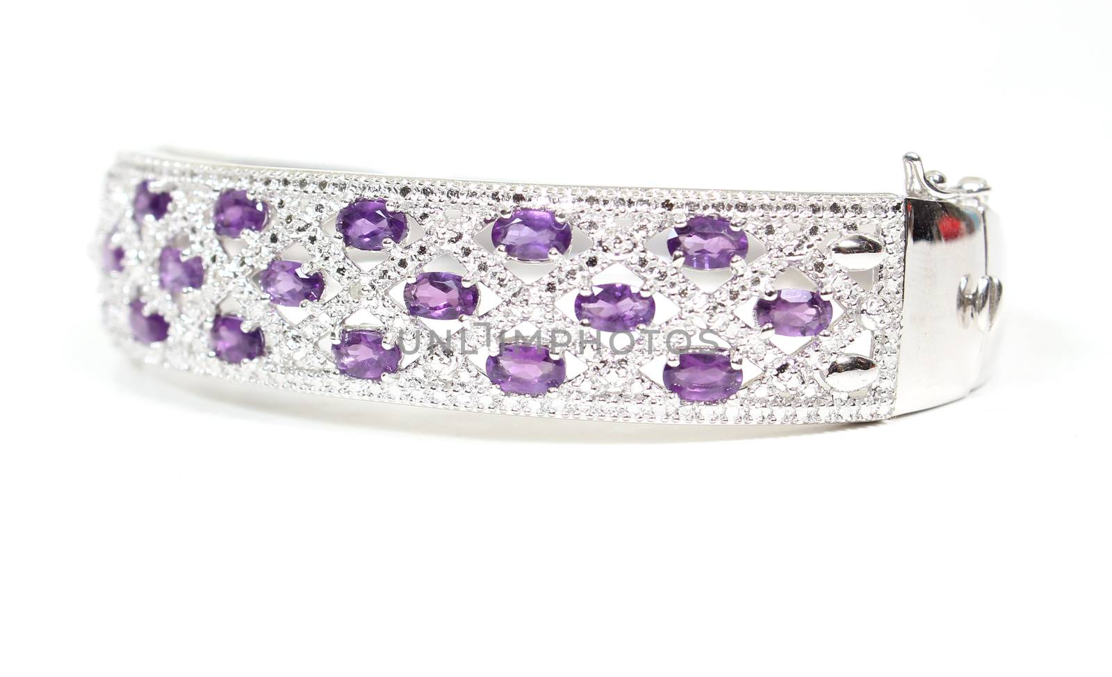 Sterling Silver and Amethyst Bangle Bracelet on White Background