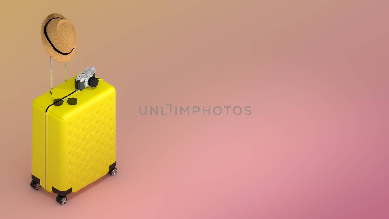 Yellow suitcase with sun hat and glasses, camera on pastel background., travel concept.,3d illustration.