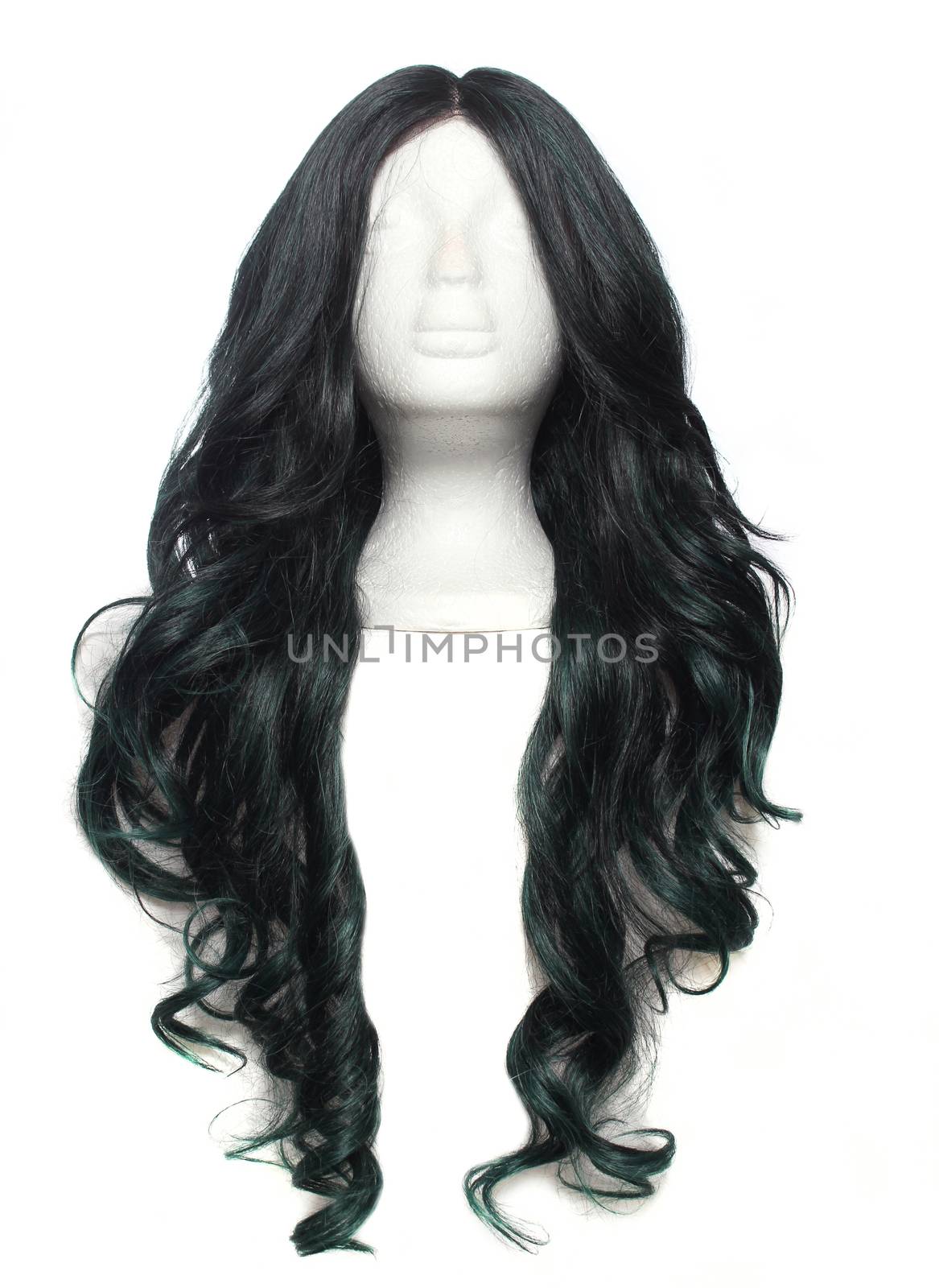Black With Green Wig on Mannequin head with white background
