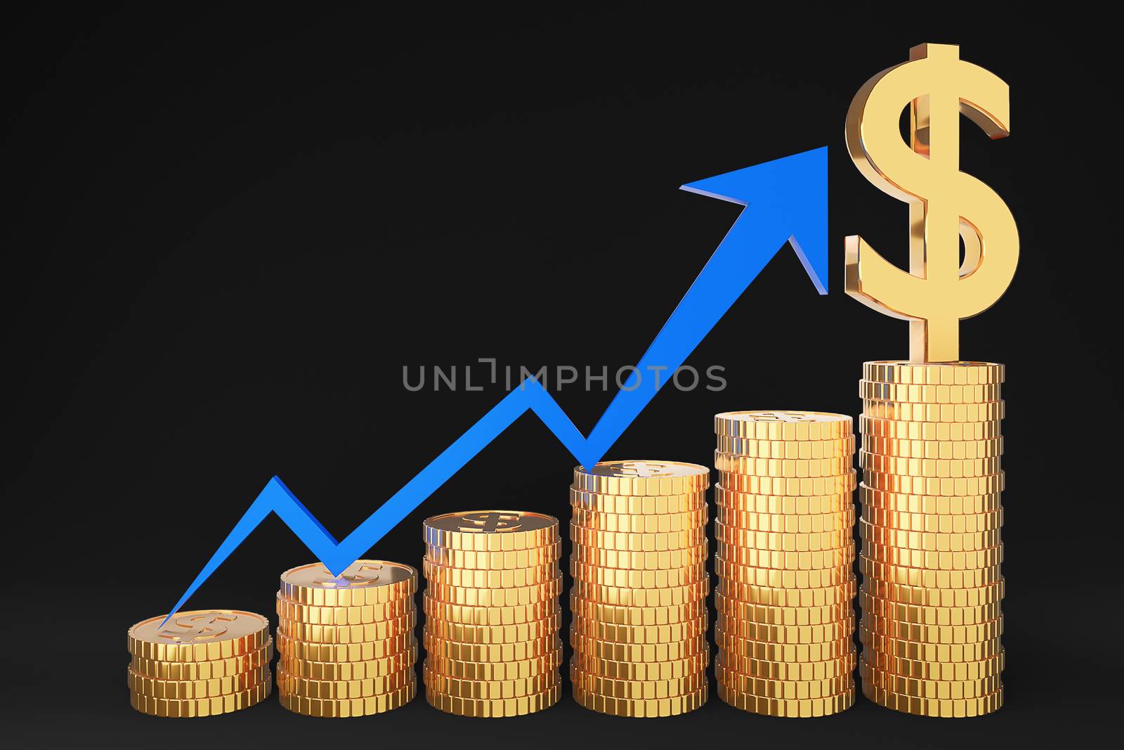 Golden coin stack and finance graph chart on black background., Money saving and investment concept and saving ideas and financial growth.3d model and illustration.