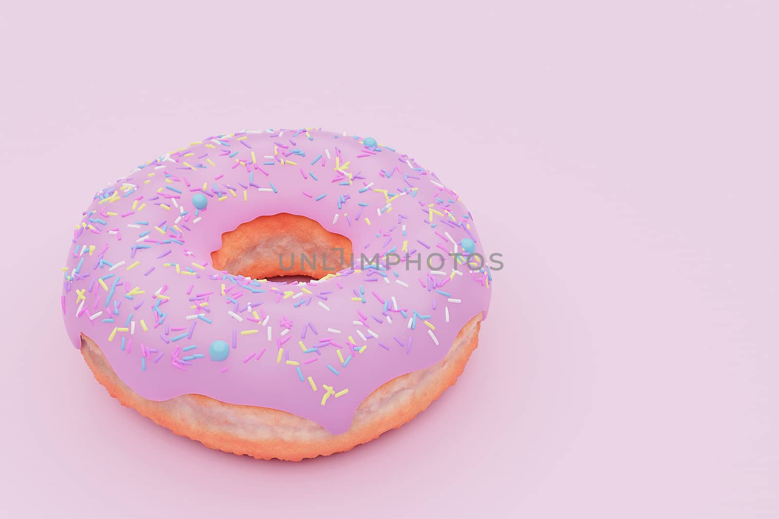 Tasty pink glazed donut with colorful sprinkles on pink pastel colors background.3d model and illustration.