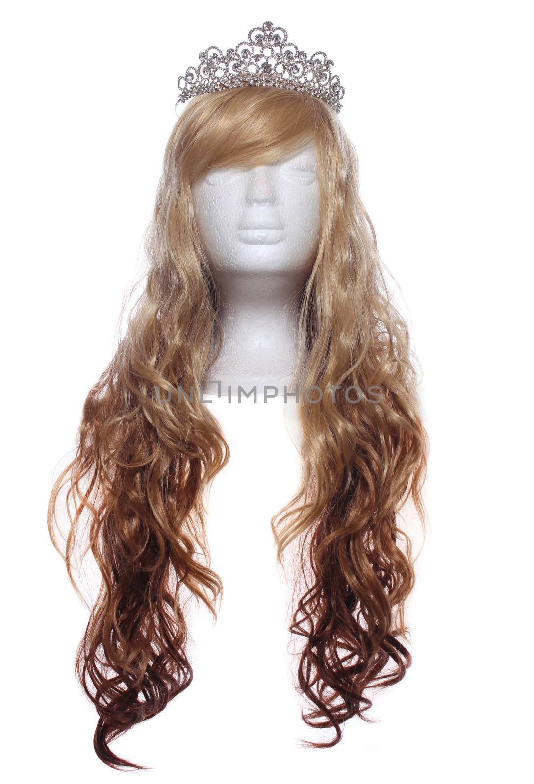Two Toned Blond Wig on Mannequin Head with tiara, white background