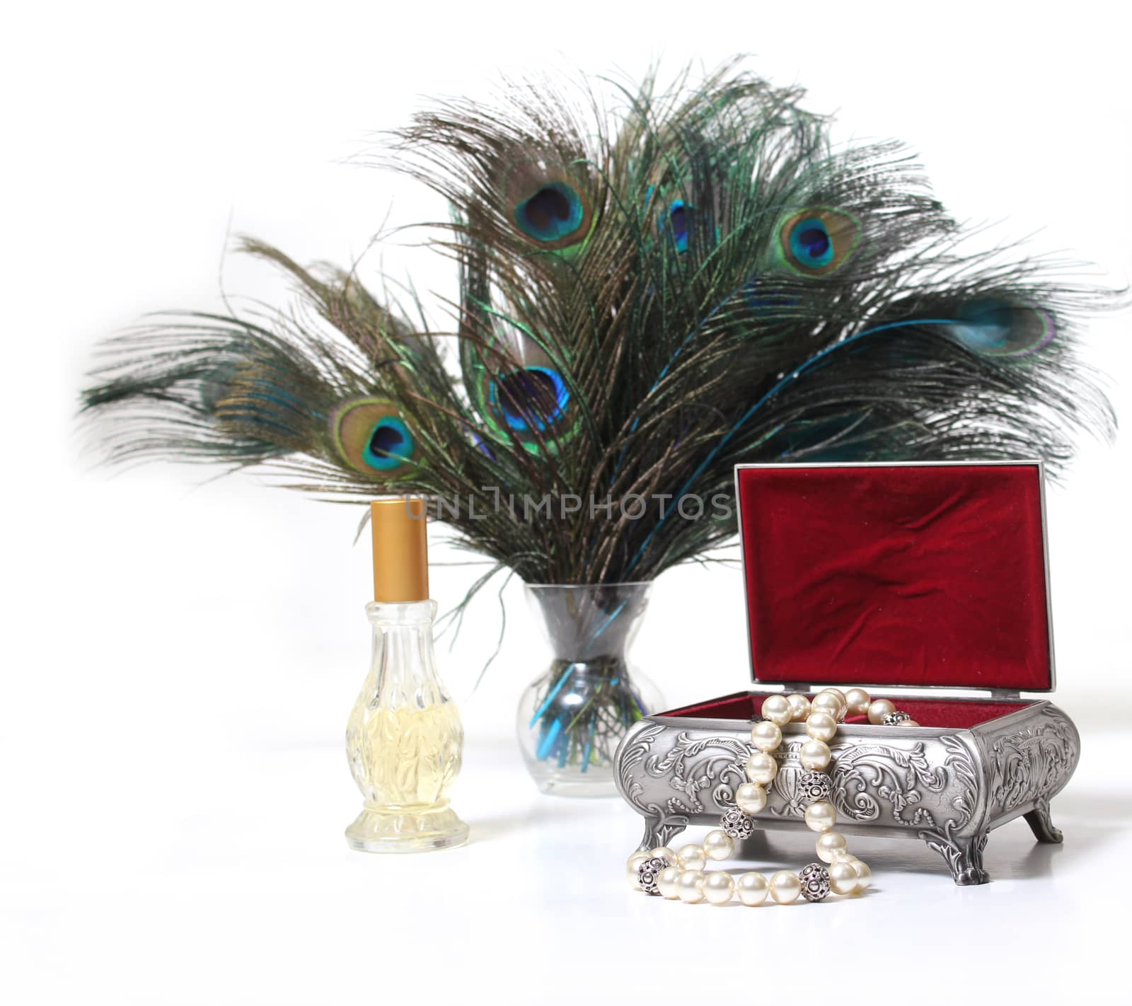 Vintage Jewelry Box With Pearls and Peacock Feathers