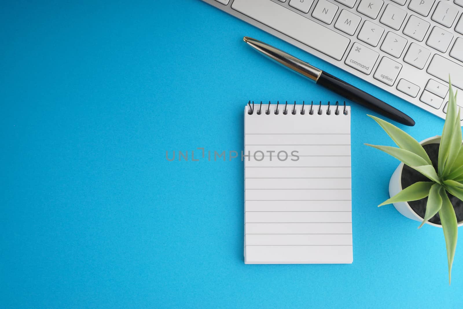 Flat lay of business with office stationary concept on blue background. Business and Copy Space concept