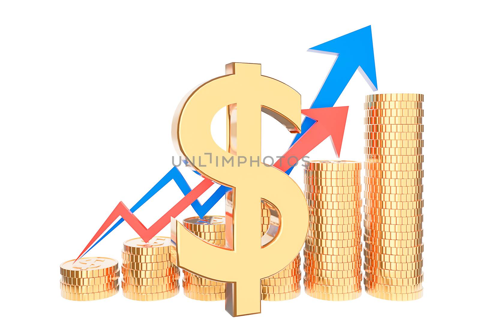 Golden coin stack and finance graph chart on white background., Money saving and investment concept and saving ideas and financial growth.3d model and illustration.