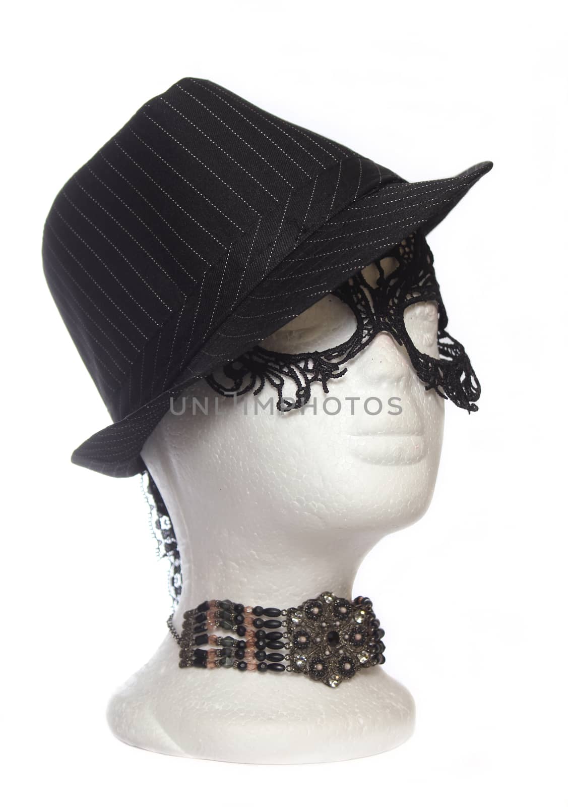 Fedora and Lace Mask on Mannequin Head With Antique Choker Necklace
