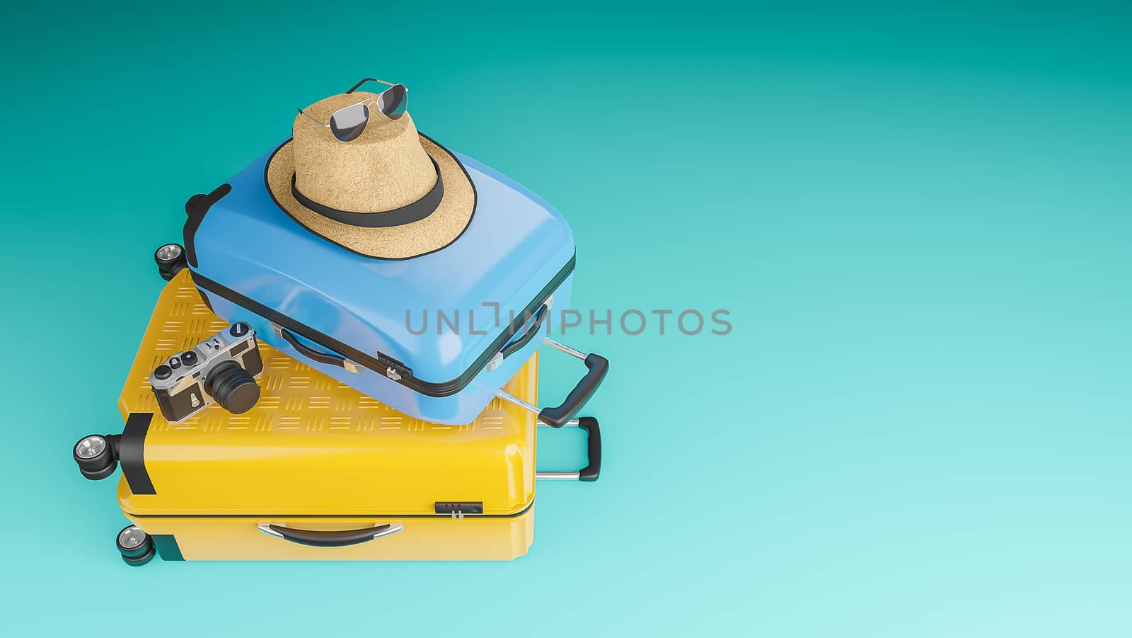 Yellow and blue suitcase with sun hat and glasses, camera on pastel background., travel concept.,3d illustration.