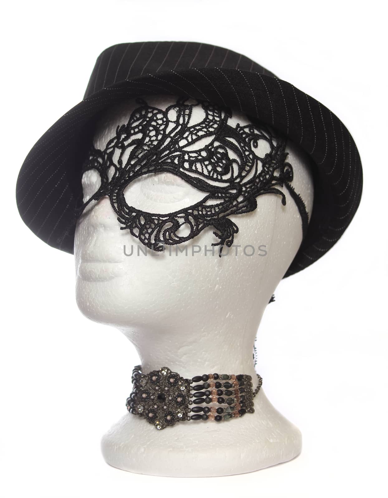 Fedora and Lace Mask on Mannequin Head With Antique Choker by Marti157900