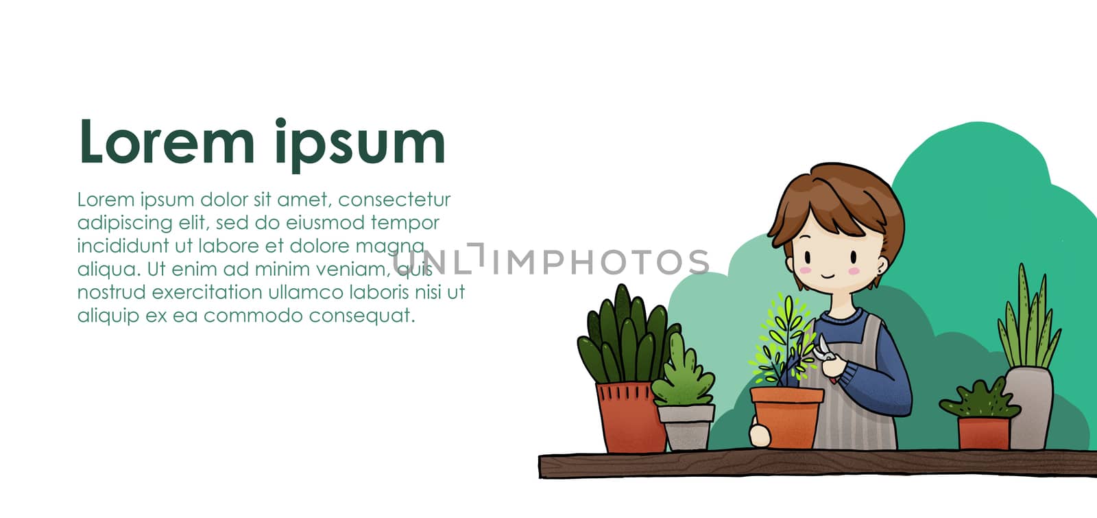 People are pruning branches in pots on a white background, gardening illustrations, holiday activities. Designed for advertising on banners websites.