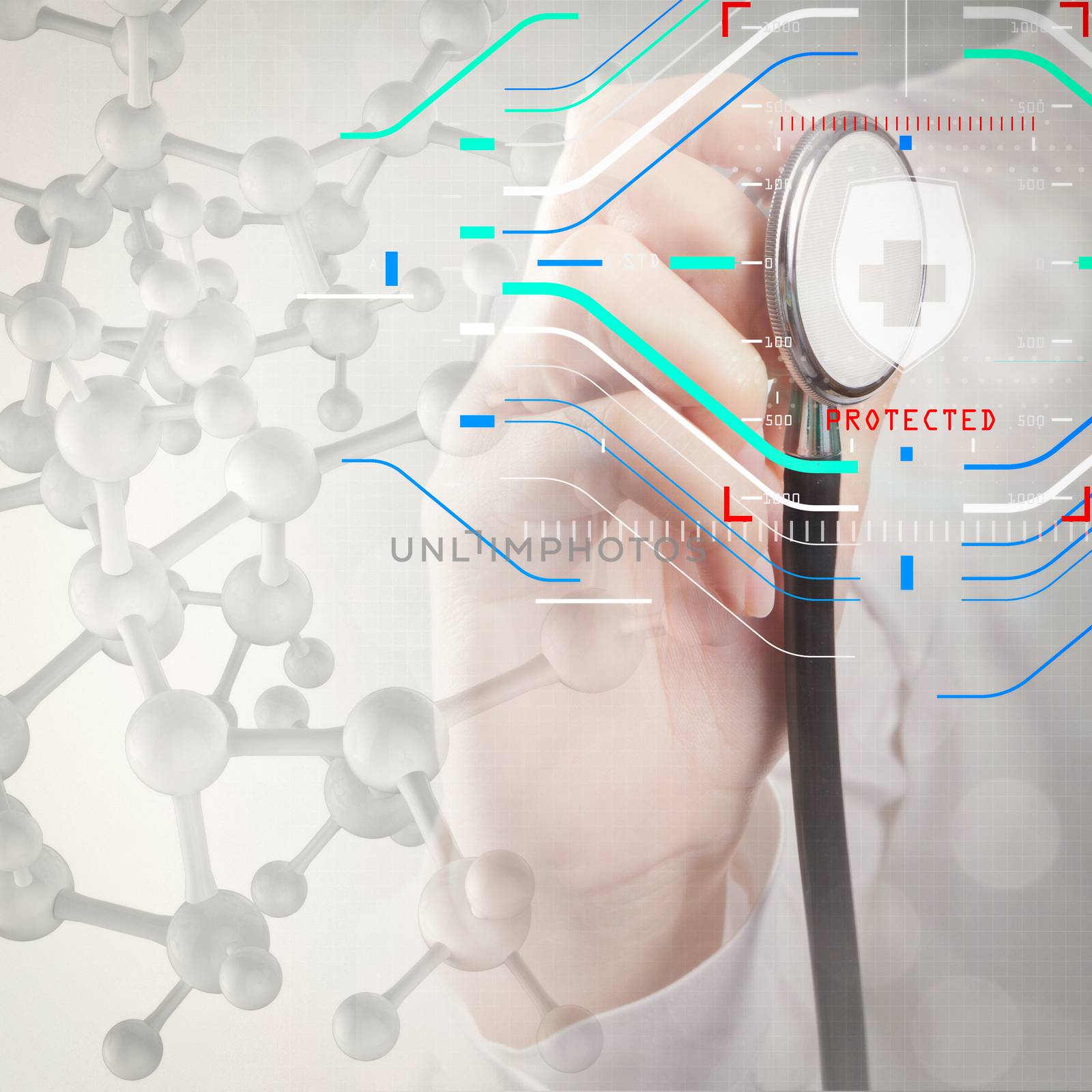 Health protection. Medical and health care concept.Double exposure of scientist doctor hand holds virtual molecular structure in the lab as concept 