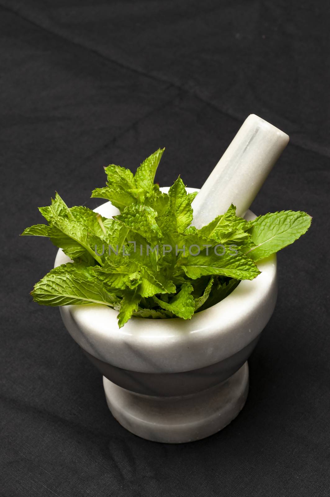 Fresh peppermint leaves waiting for the barman in marble mortar to work on them to make a freshly mojito cocktail