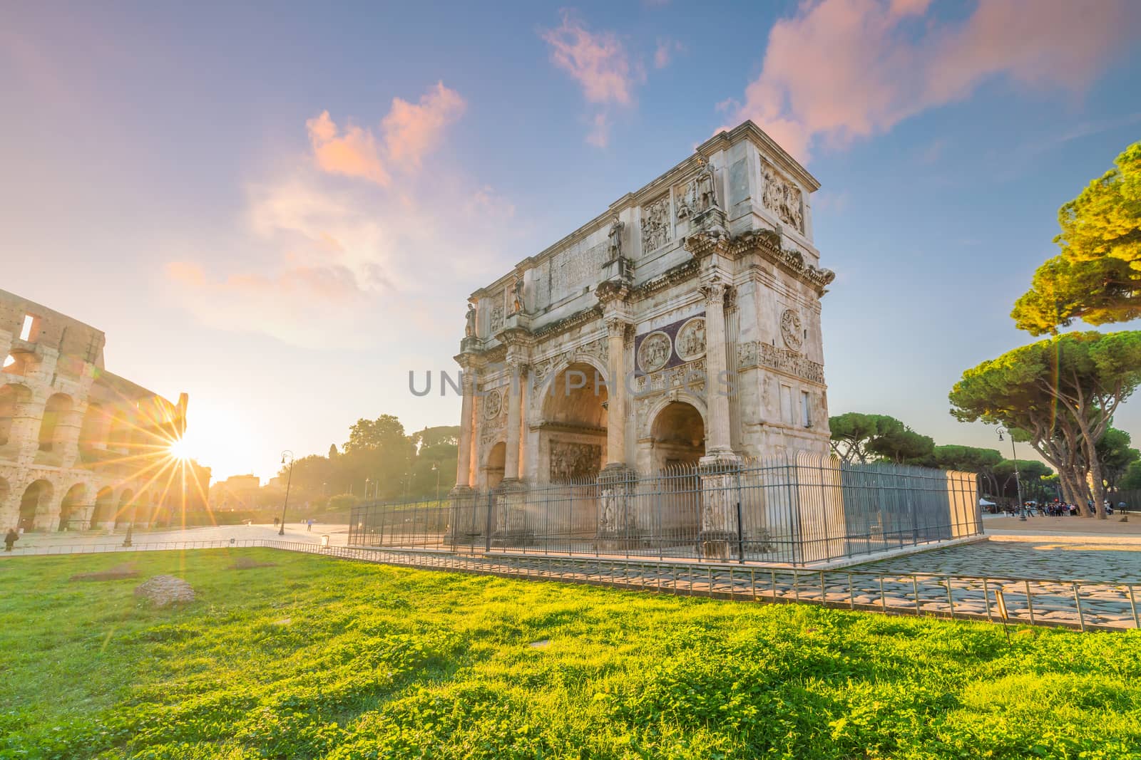 View of the Arch of Constantine in Rome, Italy at sunset