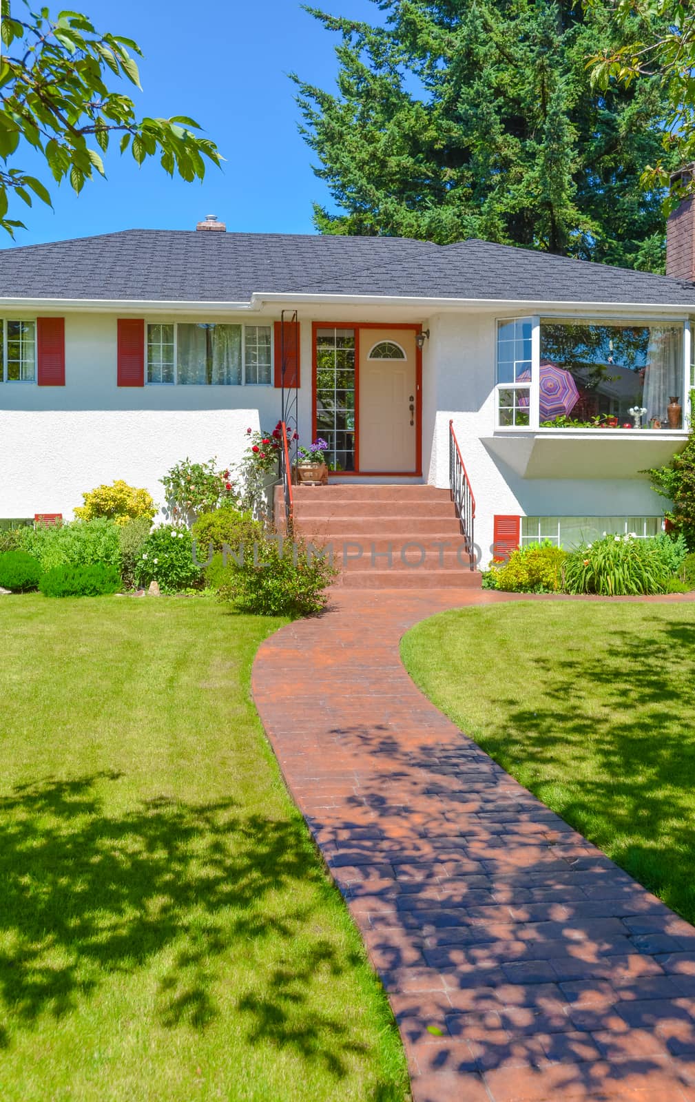 Average residential house in perfect neighbourhood. Family house with big yard and green lawn in front on blue sky background