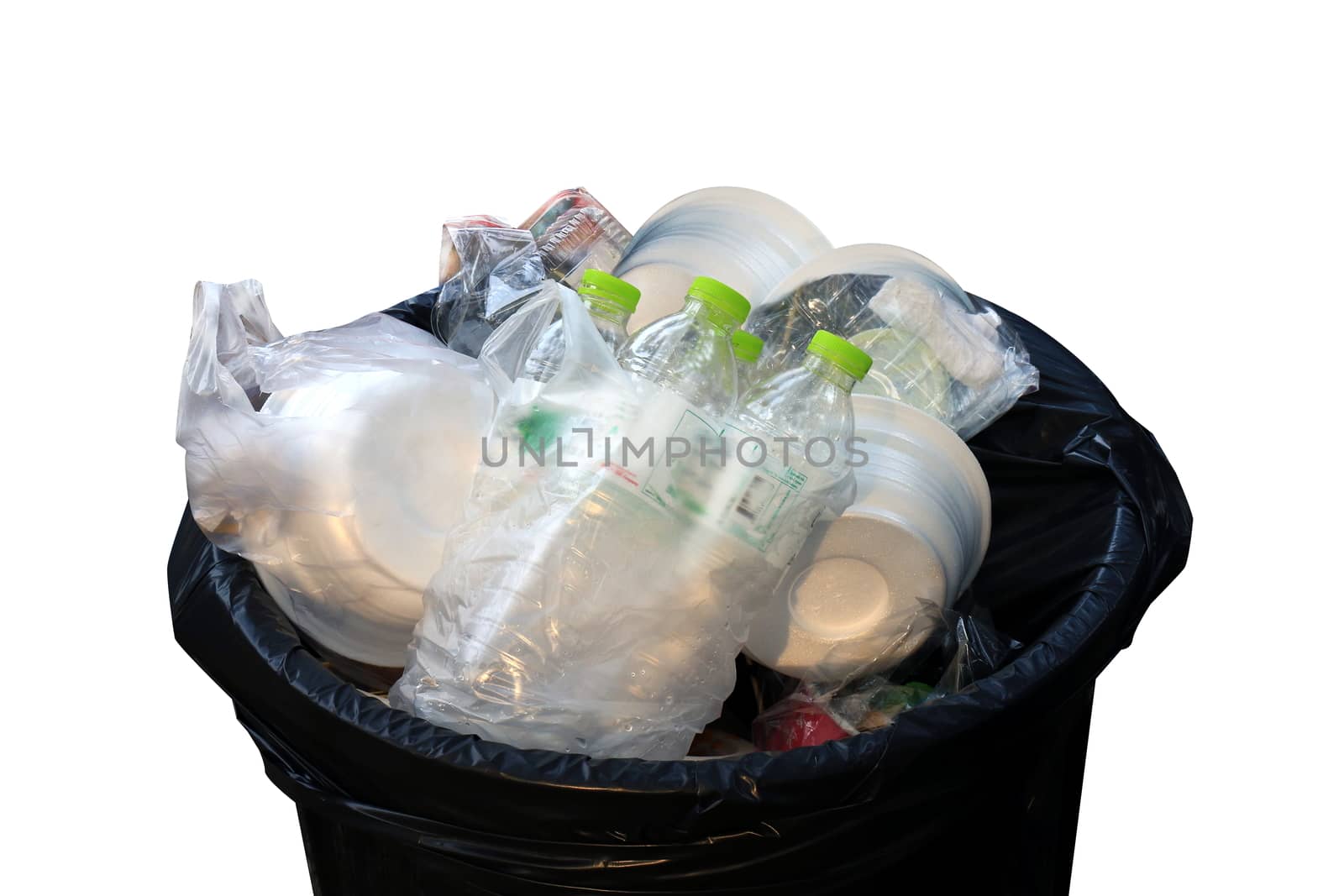 Bin, junk, trash bag, Trash Plastic Bottles and Foam tray in Trash top view closeup, Waste Plastic Garbage