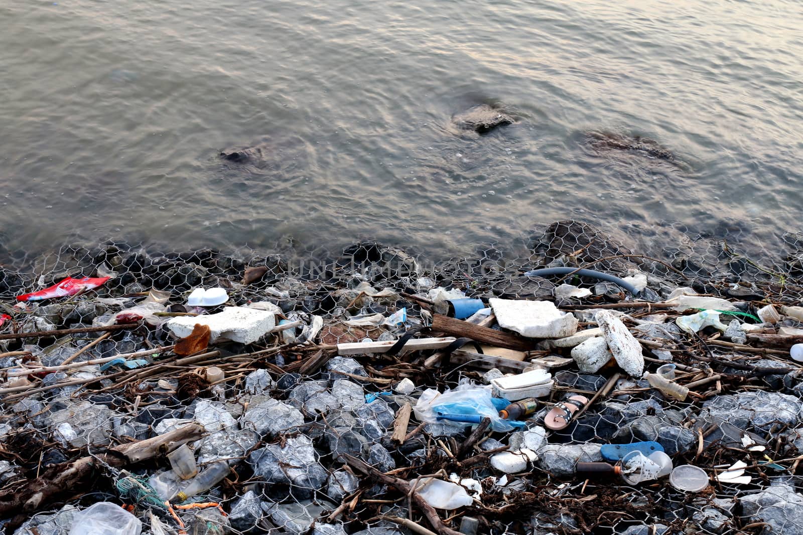 Waste seaside Pollution, Garbage on beach, Waste trash in river, Toxic waste, Wastewater, Dirty water in river