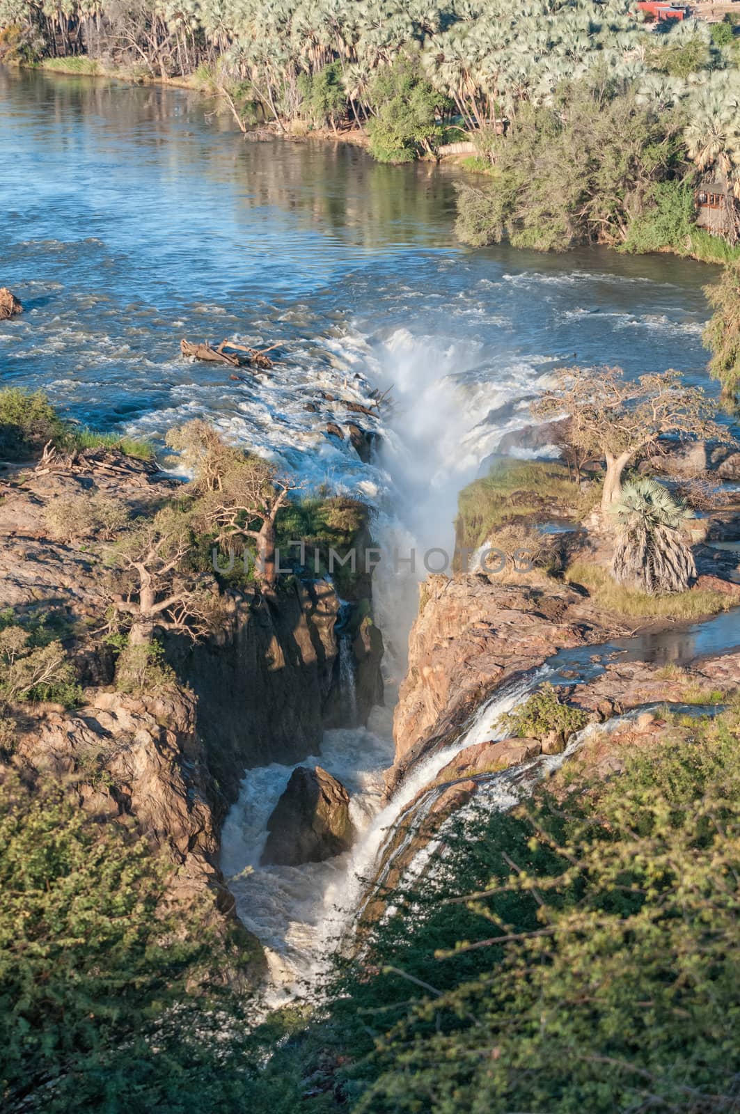 Part of the Epupa waterfalls in the Kunene River. Baobab and makalani palm trees are visible