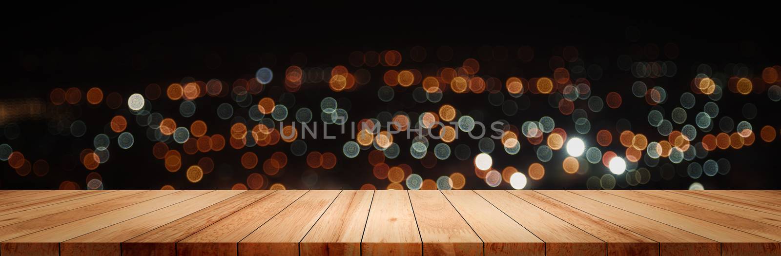 Panoramic empty clean wood counter table top on blur street nigh by golfmhee