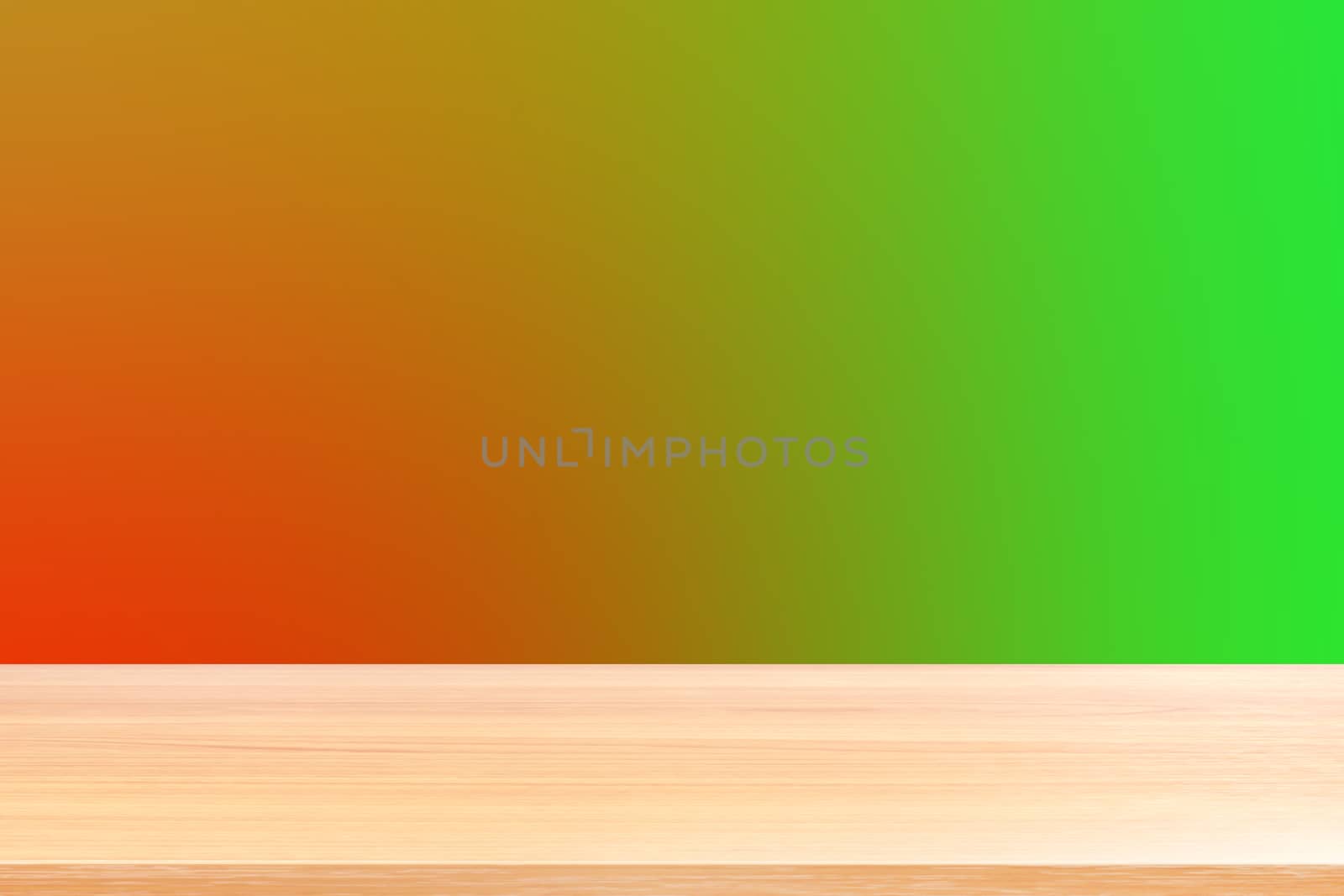 empty wood table floors on gradient red and green soft background, wood table board empty front colorful gradient, wooden plank blank on light red gradient for display products or banner advertising