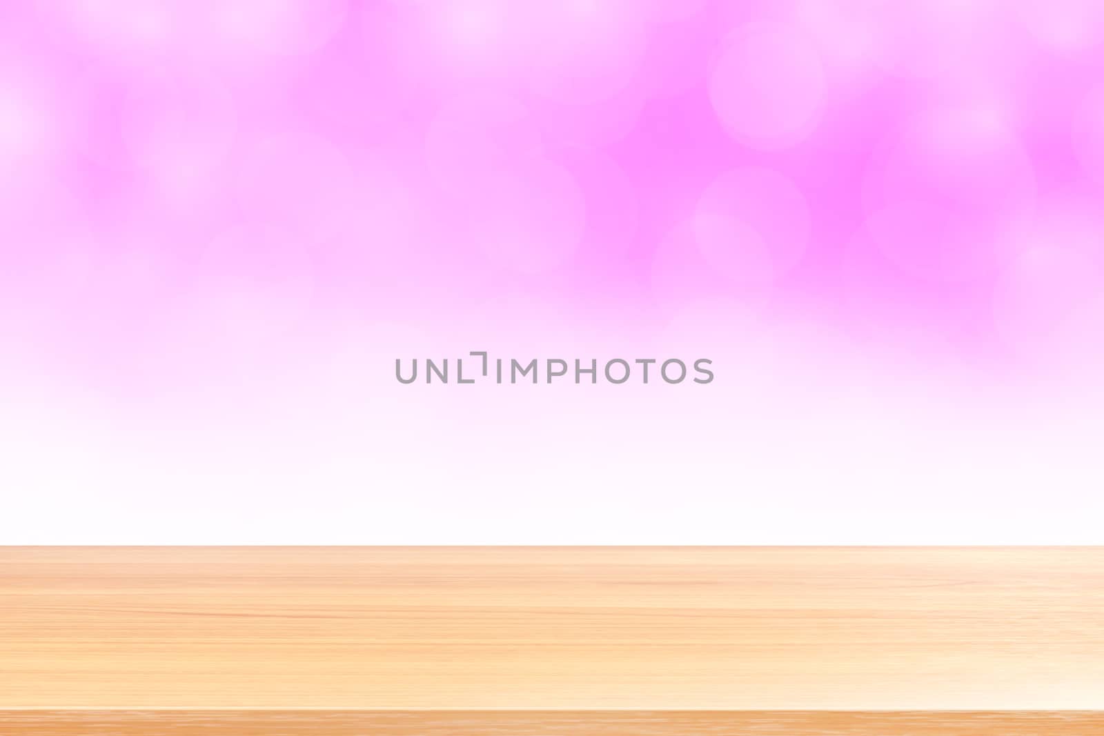 empty wood table floors on blurred bokeh soft pink white gradient background, wooden plank empty on pink bokeh colorful light shade, colorful bokeh lights gradient soft for banner advertising products