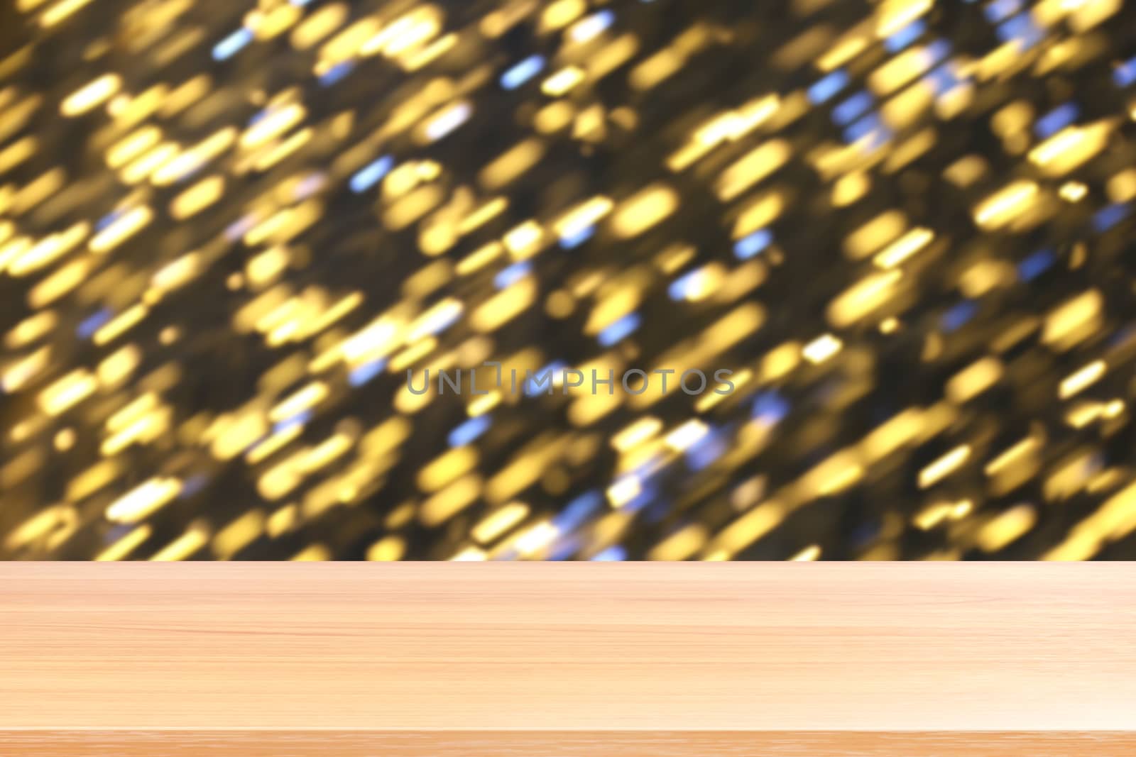 wood plank on gold colorful bokeh beam light abstract background, empty wood table floors on golden bokeh night light multi color background, wood table board empty front colorful bokeh gold light by cgdeaw