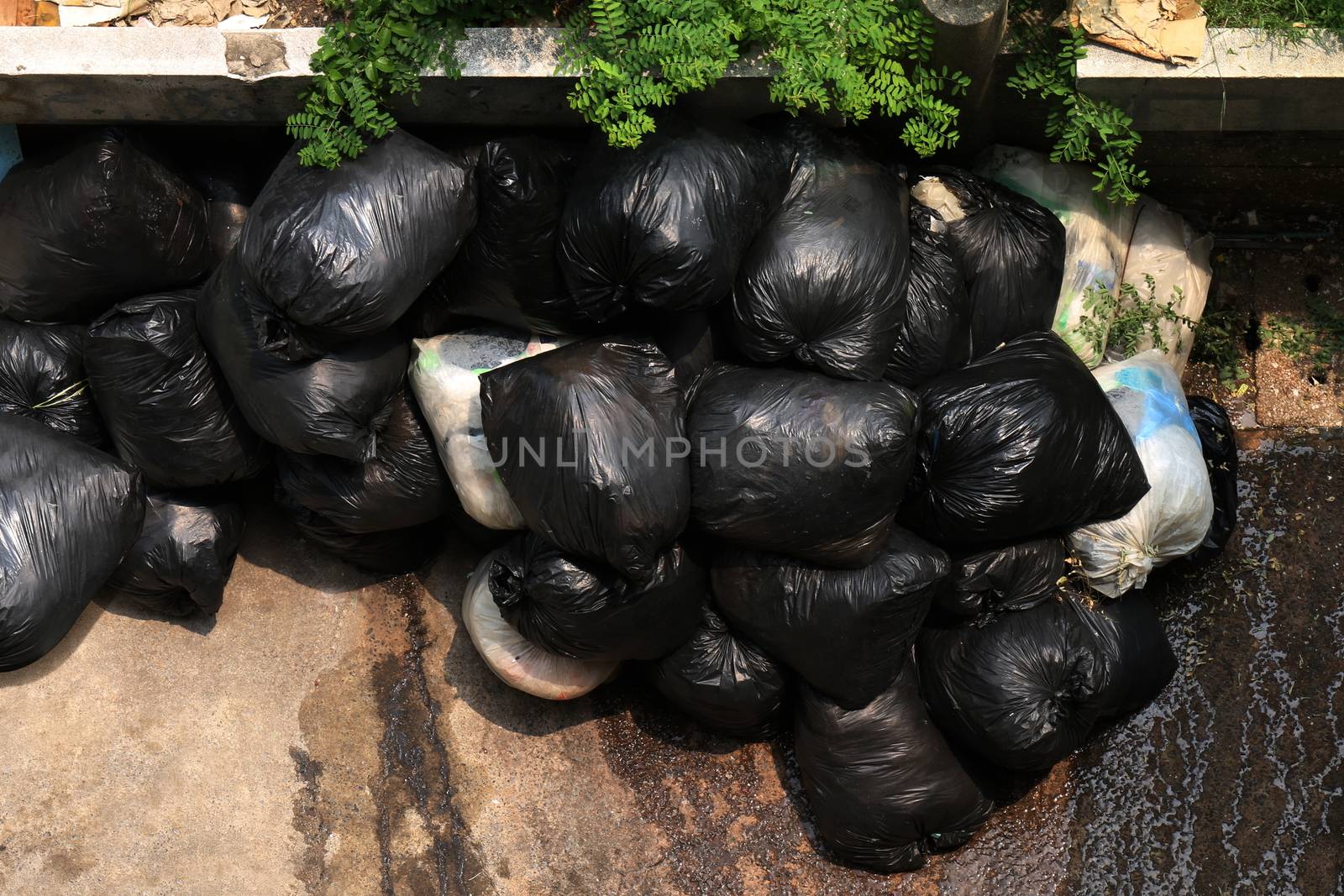 Pile of Garbage bin black top view, Many black garbage bags, Waste plastic many, Bin bags waste pollution