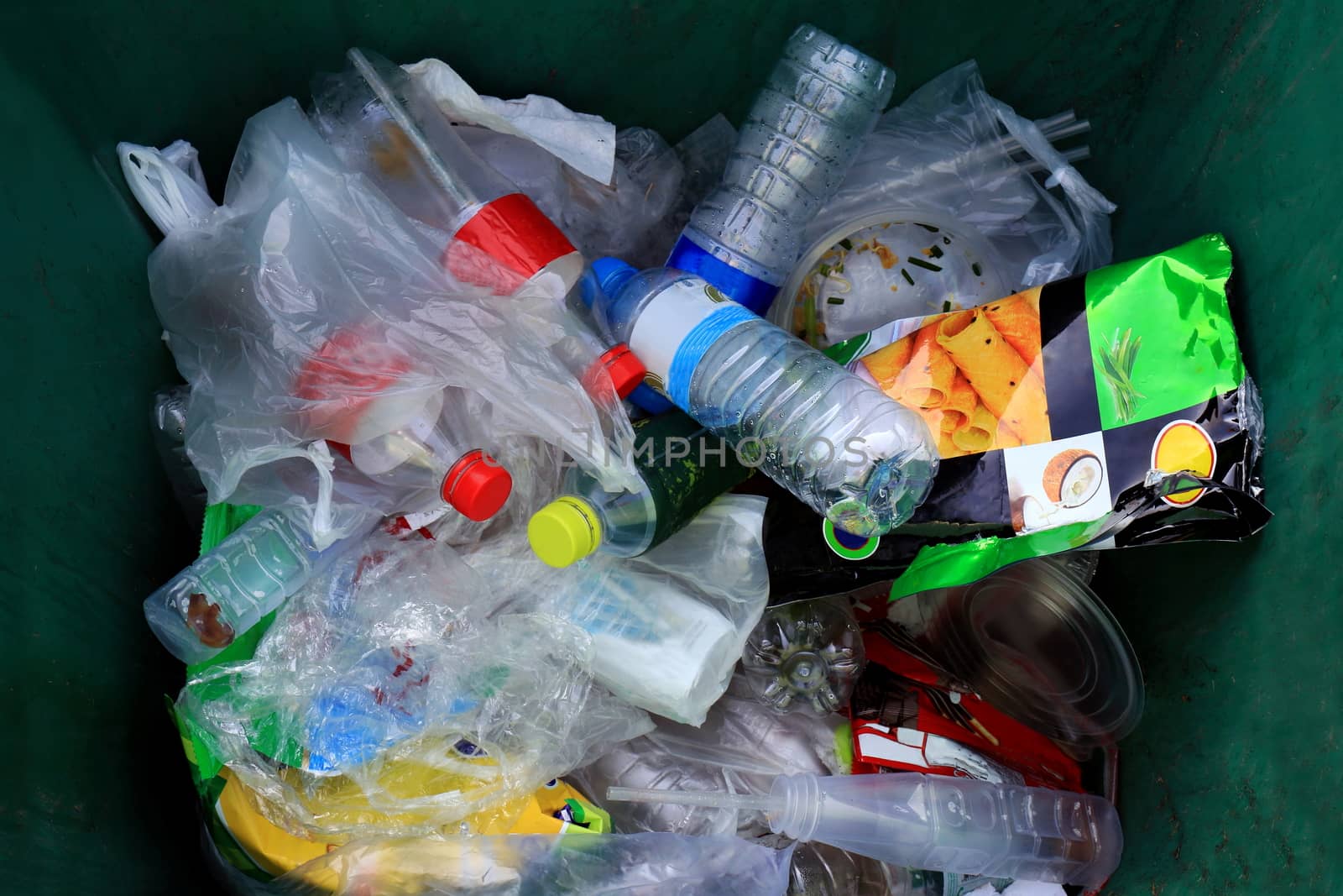 Top view bin, Garbage many trash pile of waste plastic bag and bottle, Waste plastic many by cgdeaw