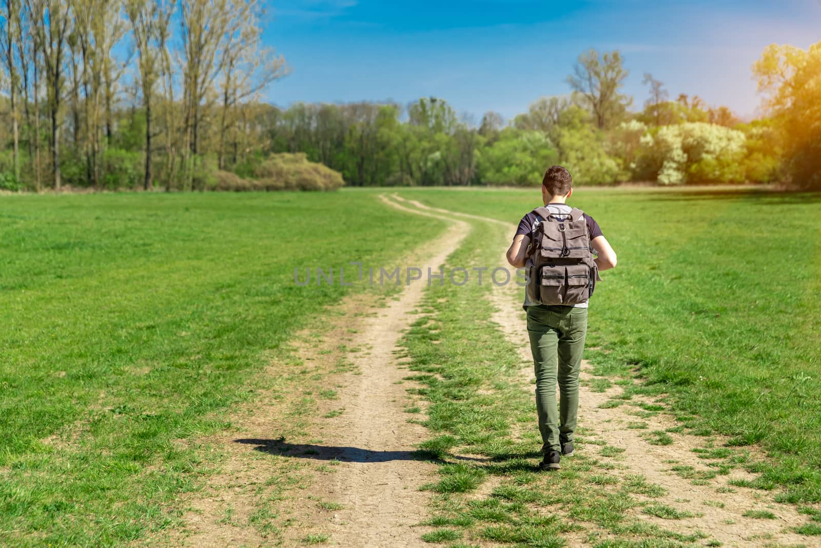 a tourist with a backpack on his back walks along a dirt road towards the forest.