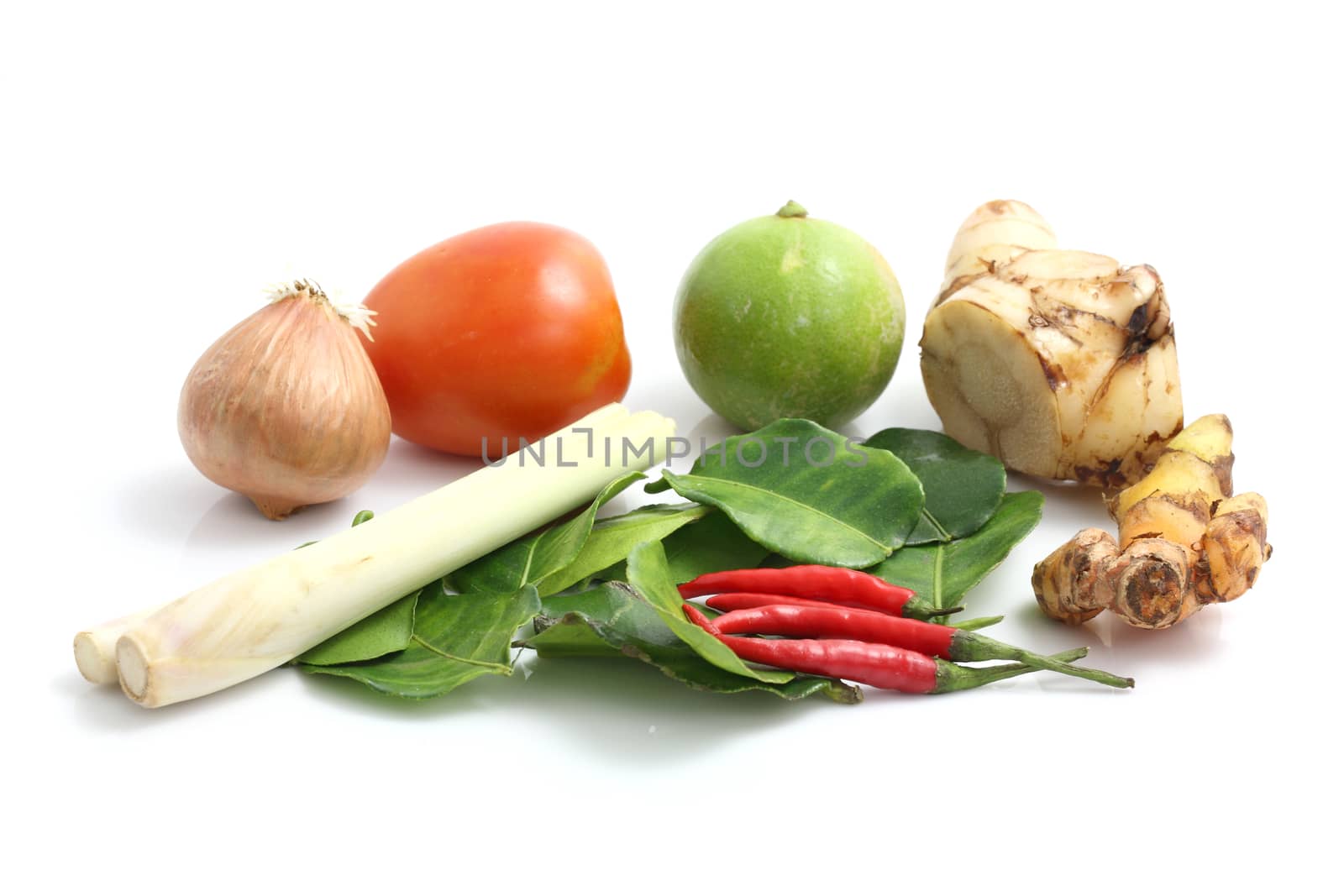 Thai food ingredient for Tom yum kung isolated in white backgrou by piyato