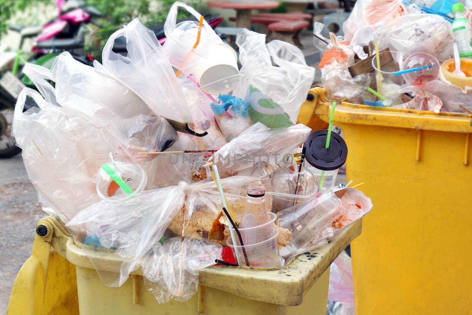 Bin, Dump Garbage, Plastic waste, Pile of Garbage Plastic Waste Bottle and Bag Foam tray many on bin yellow, Plastic Waste Pollution
