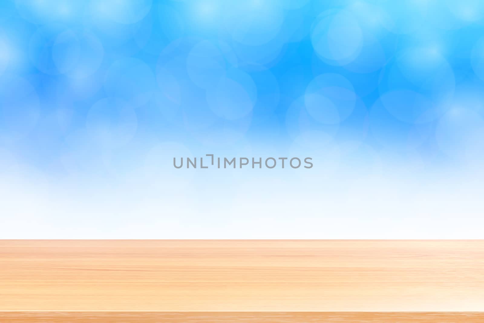 empty wood table floors on blurred bokeh soft blue white gradient background, wooden plank empty on blue bokeh colorful light shade, colorful bokeh lights gradient soft for banner advertising products by cgdeaw