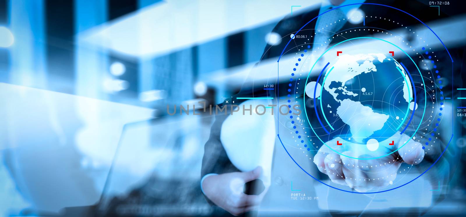 Concept of focus on target with digital diagram.Double exposure of business engineer holding the earth and social network structure as concept