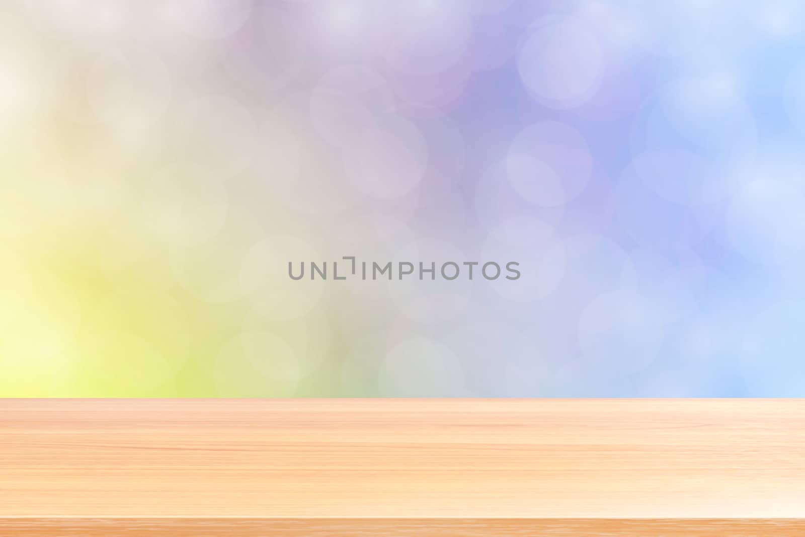 empty wood table floors on blurred bokeh soft purple gradient background, wooden plank empty on purple bokeh colorful light shade, colorful bokeh lights gradient soft for banner advertising products by cgdeaw