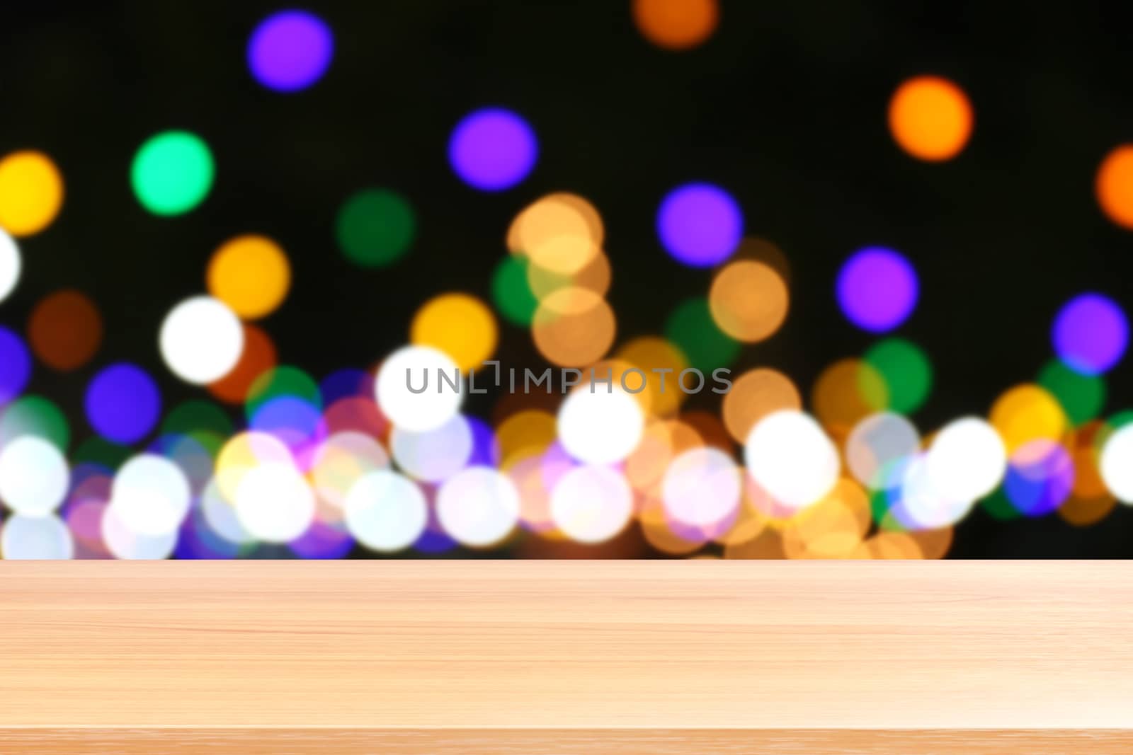 wood plank on colorful bokeh light abstract background, empty wood table floors on abstract bokeh night light multi color background, wood table board empty front colorful bokeh multi color beam light by cgdeaw
