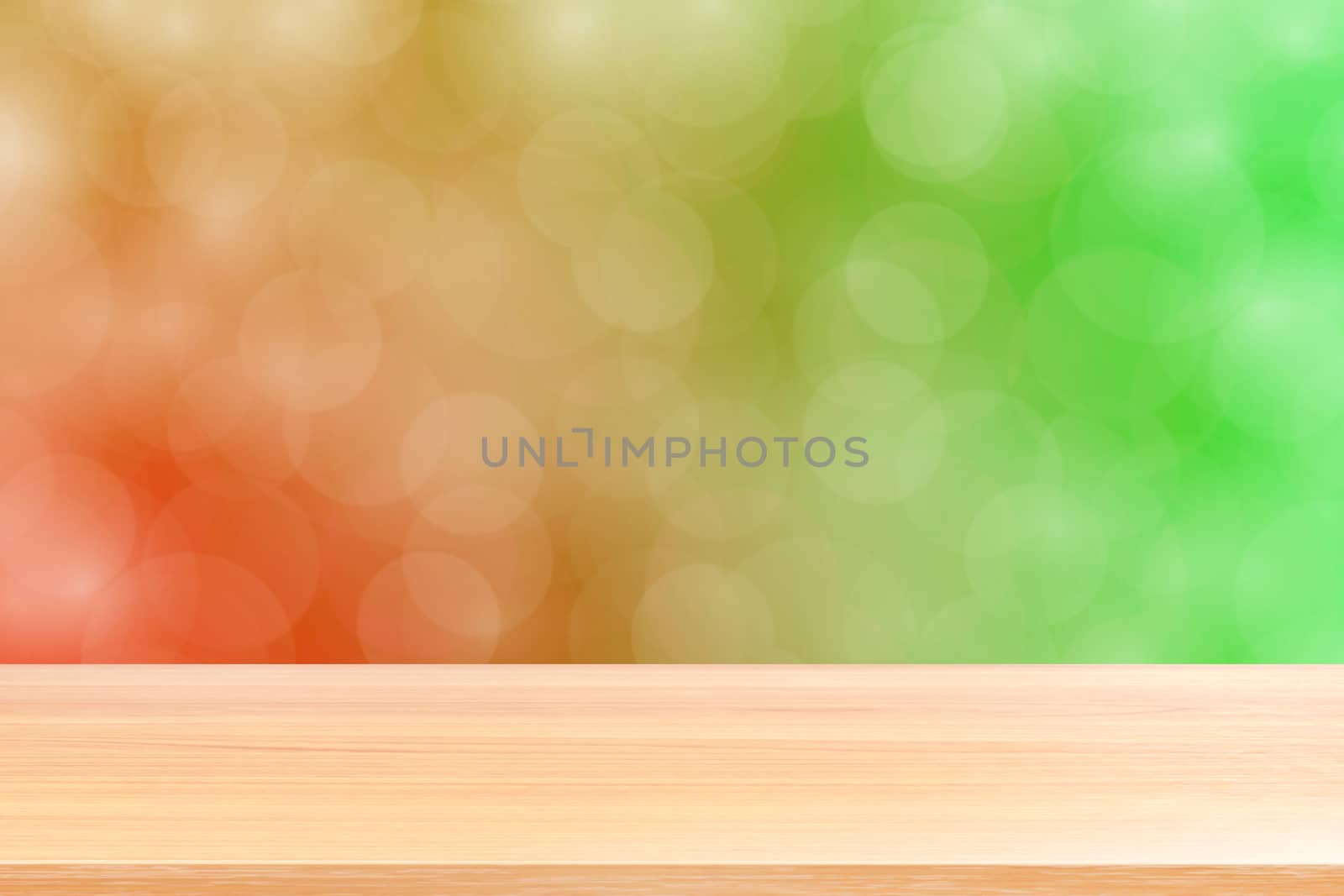 empty wood table floors on blurred bokeh soft red green gradient background, wooden plank empty on green bokeh colorful light shade, colorful bokeh lights gradient soft for banner advertising products by cgdeaw