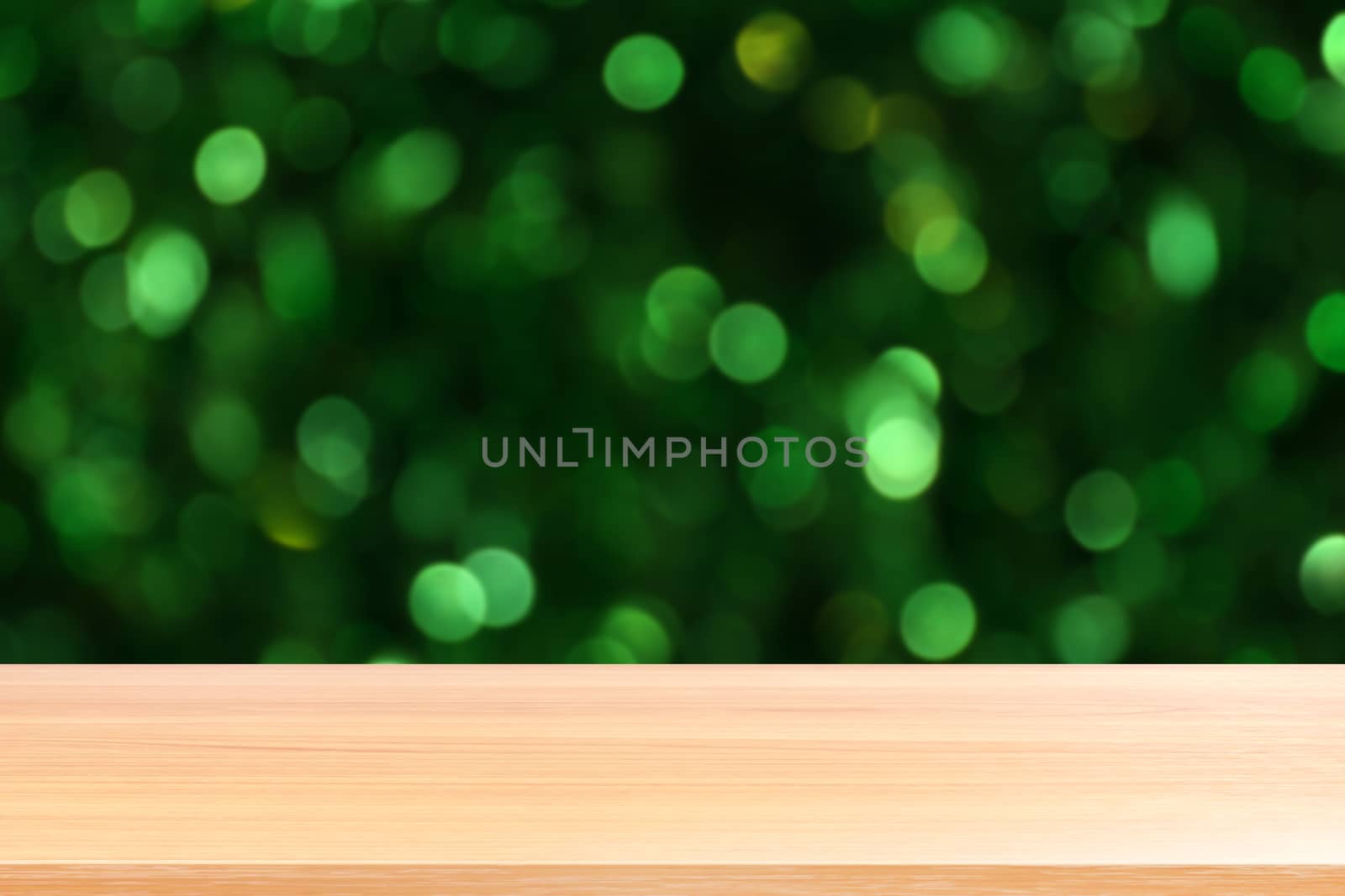 wood plank on lighting beautiful glittering green bokeh background, empty wood table floors on sunshine lighting green nature forest bokeh, wood table board empty front green glitter background light