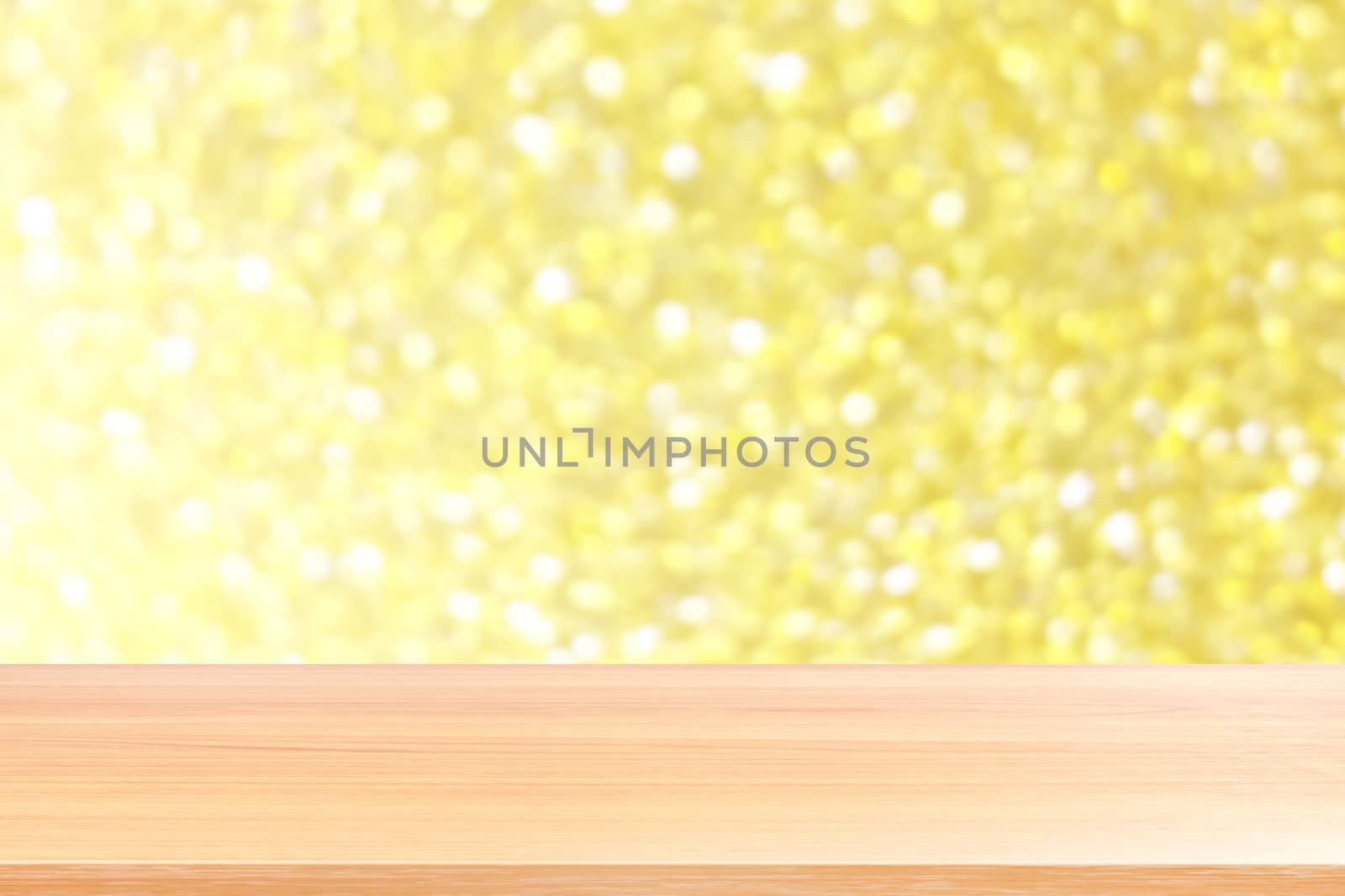 wood plank on blurred golden gritter bokeh lights shine background, wood table board empty on abstract backdrop gold gritter bokeh, wood table board empty on golden amber lights background