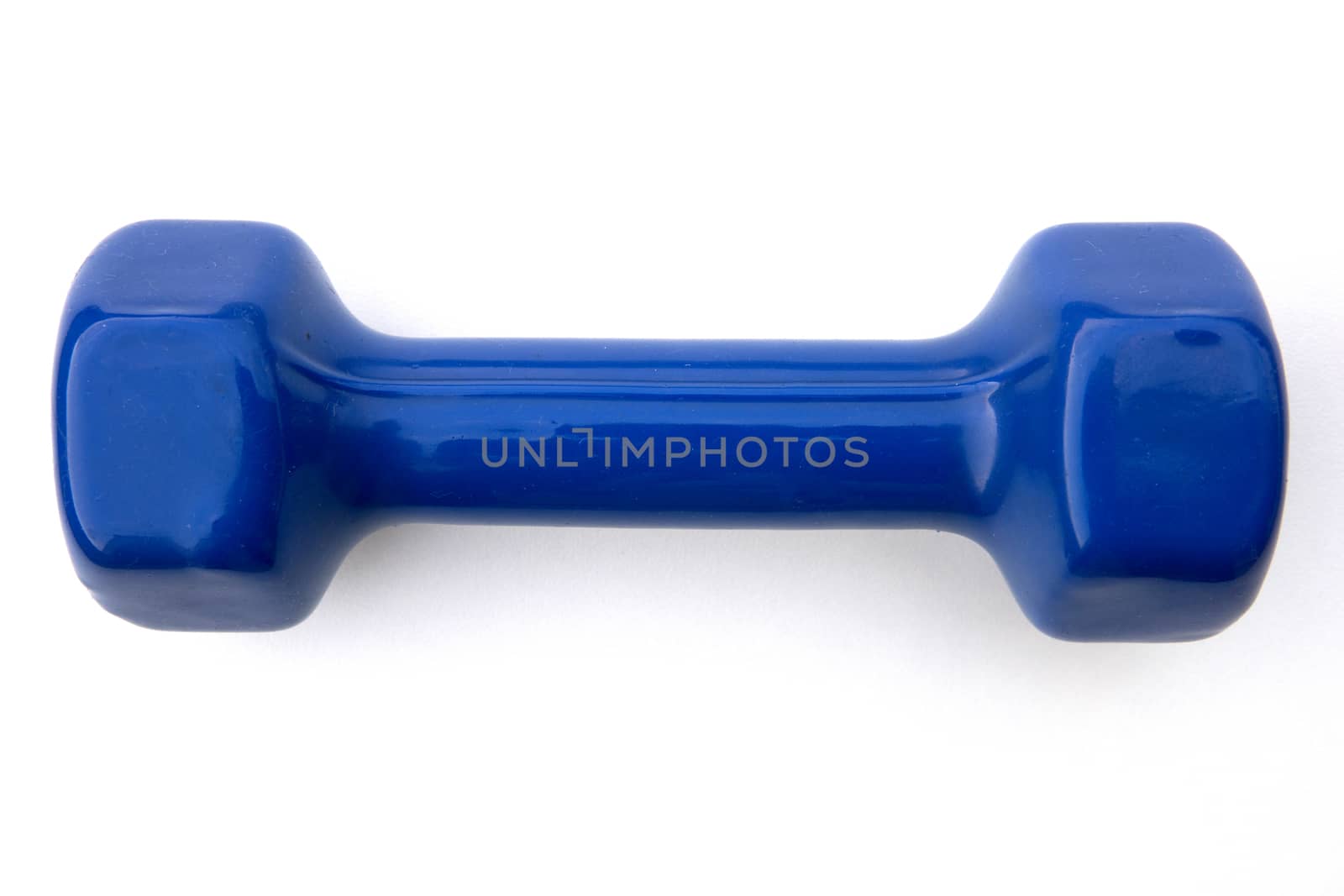 Blue Dumbell on white background. Exercising Equipment during lockdown and quarantine.